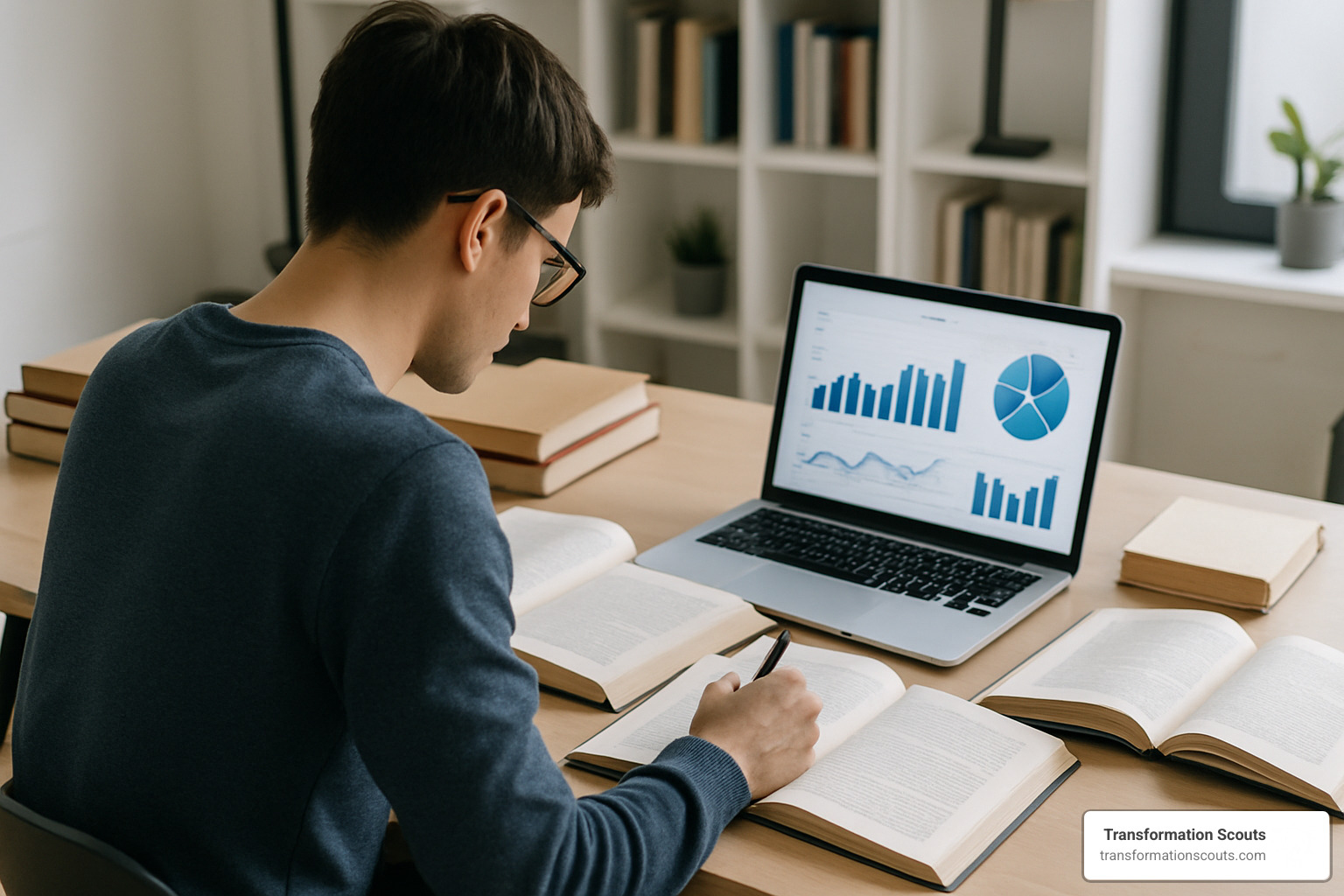 person studying with books and laptop showing charts - how to become a business change consultant