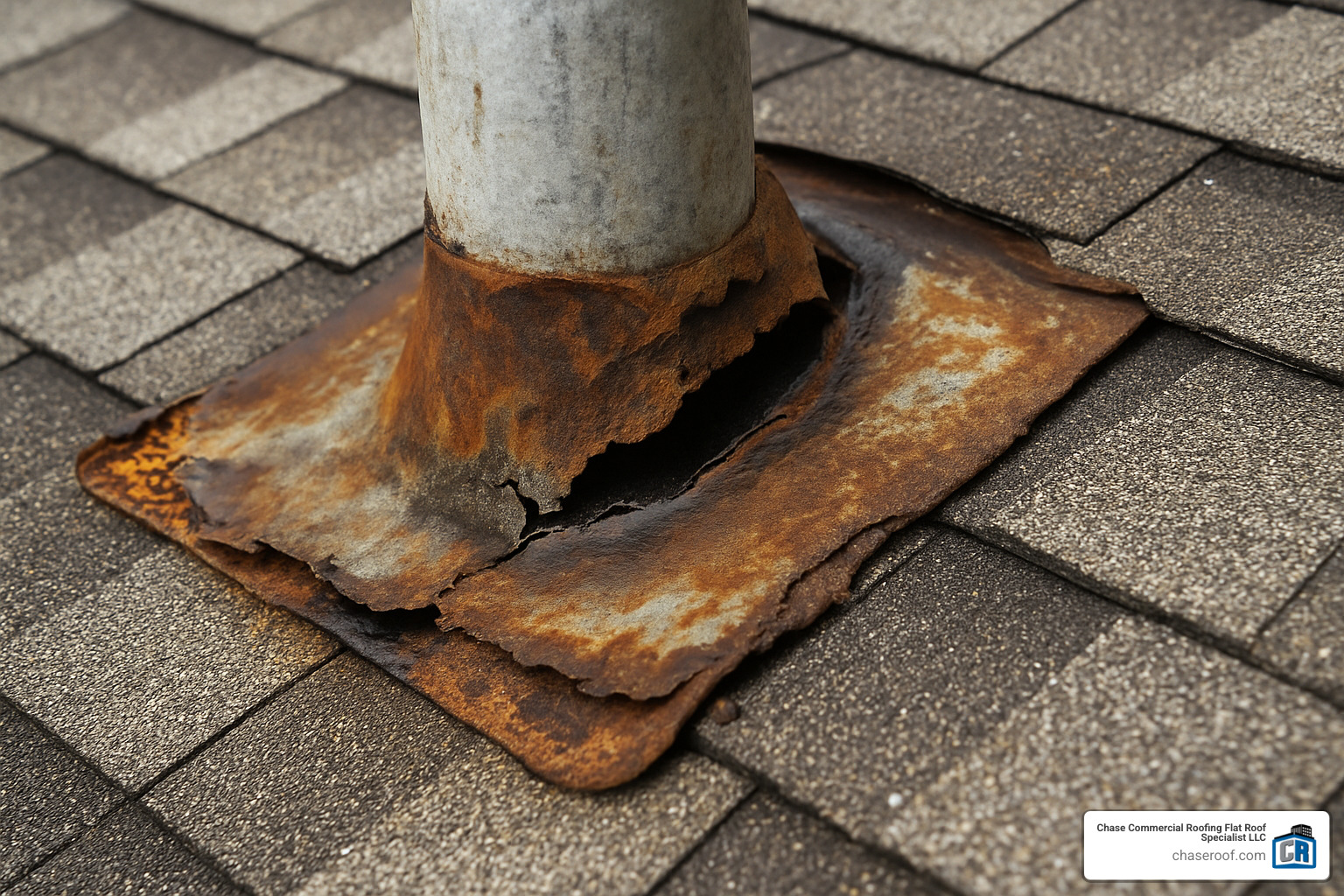 Damaged flashing around a roof vent pipe showing corrosion and separation - Jersey City roof inspection