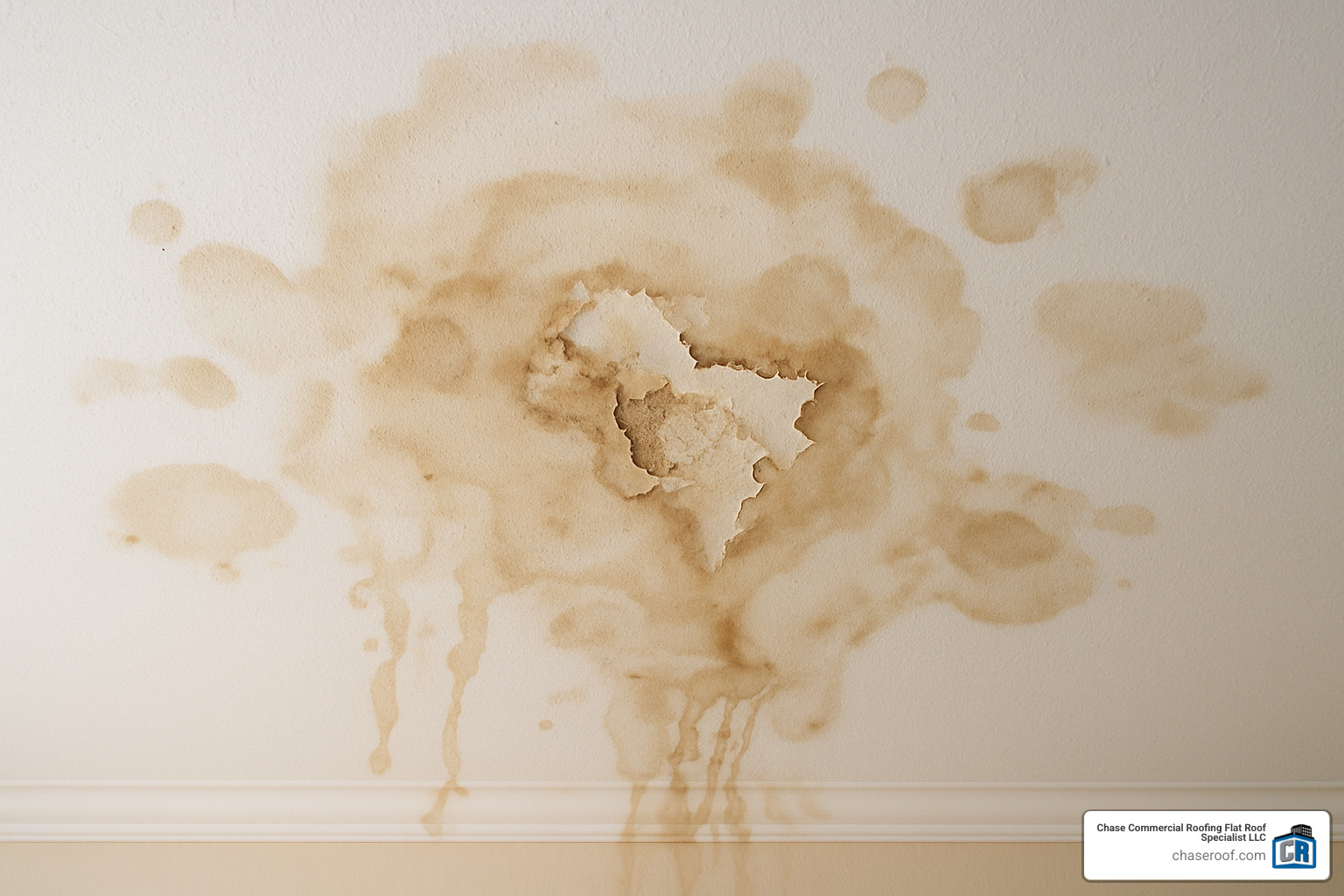 Water stains and damage on an interior ceiling caused by a roof leak - Jersey City roof inspection