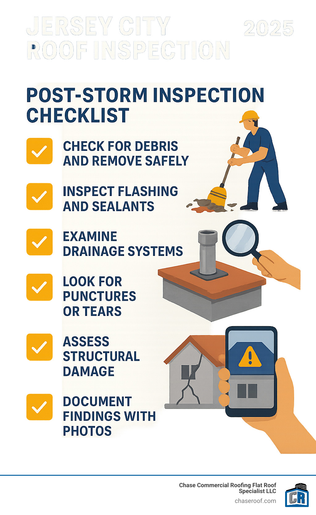 Infographic showing post-storm inspection checklist: Check for debris and remove safely, inspect flashing and sealants, examine drainage systems, look for punctures or tears, assess structural damage, document findings with photos - Jersey City roof inspection infographic 