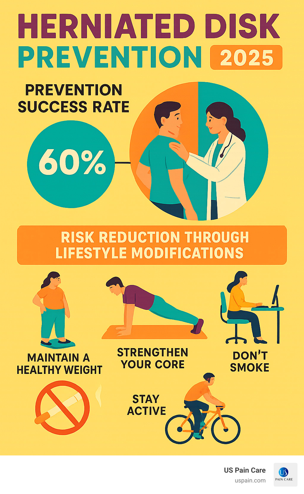Statistics showing herniated disk prevention success rates and risk reduction through lifestyle modifications - herniated disk infographic 