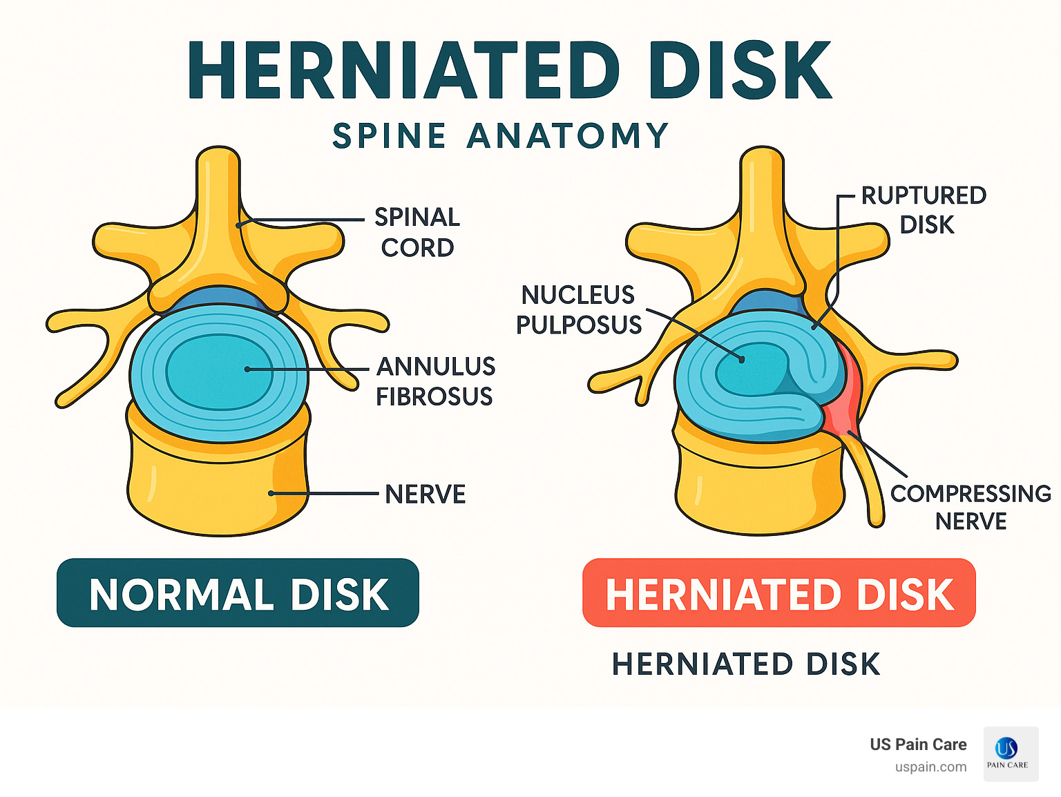 Infographic showing spine anatomy with normal disk versus herniated disk, including vertebrae, spinal cord, nerve roots, and the difference between intact annulus fibrosus and ruptured disk with nucleus pulposus protruding and compressing nerve - herniated disk infographic 