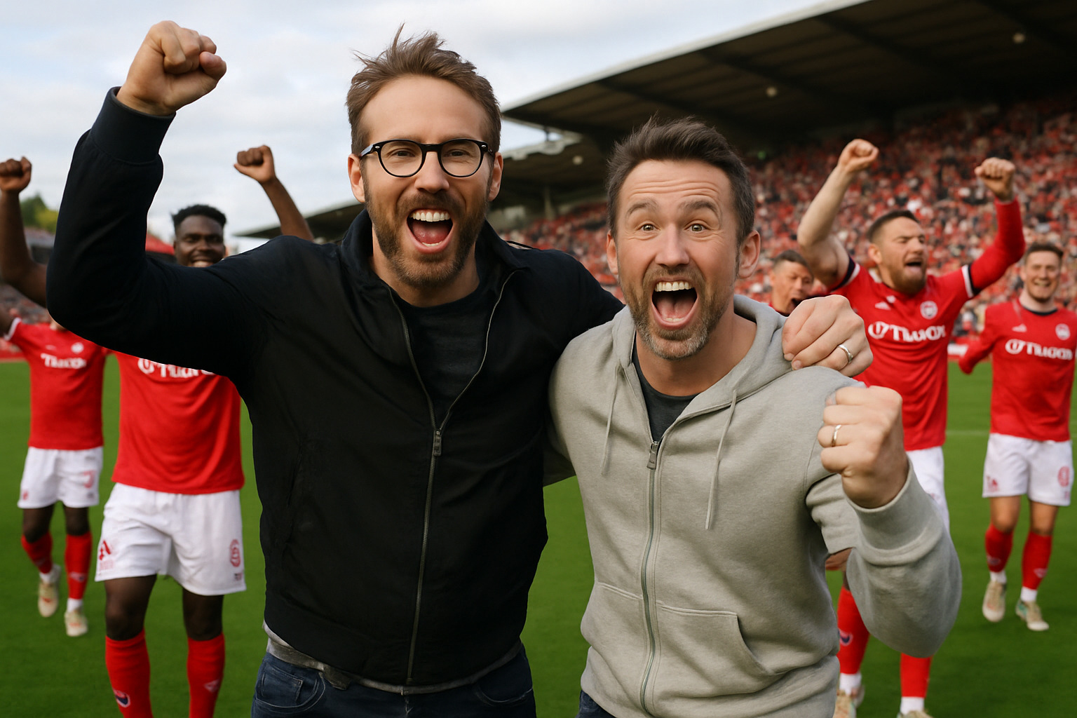 Ryan Reynolds and Rob McElhenney celebrating with Wrexham AFC players or fans - Ryan Reynolds' Net Worth