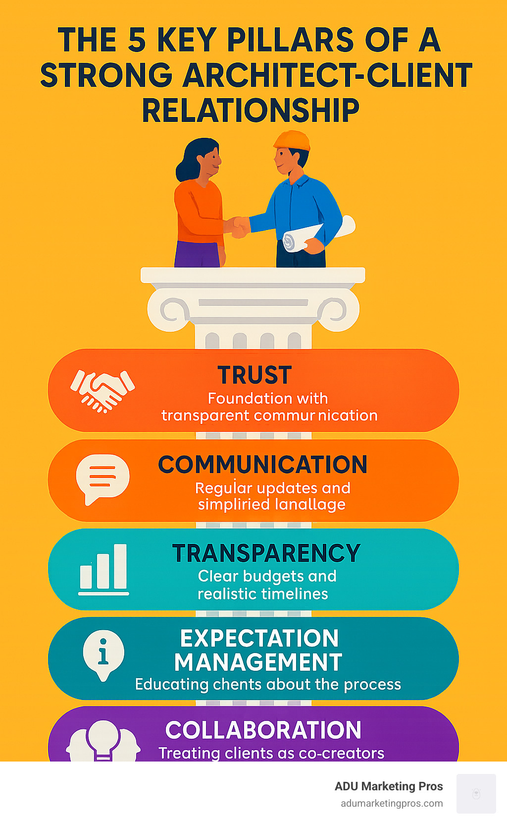 Infographic showing the 5 key pillars of a strong architect-client relationship: Trust (foundation with transparent communication), Communication (regular updates and simplified language), Transparency (clear budgets and realistic timelines), Expectation Management (educating clients about the process), and Collaboration (treating clients as co-creators in the design process) - architect and client infographic 