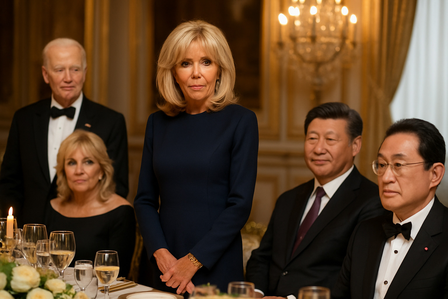 Brigitte Macron at a state dinner with other world leaders, showcasing her diplomatic role and neat presence - Brigitte Macron