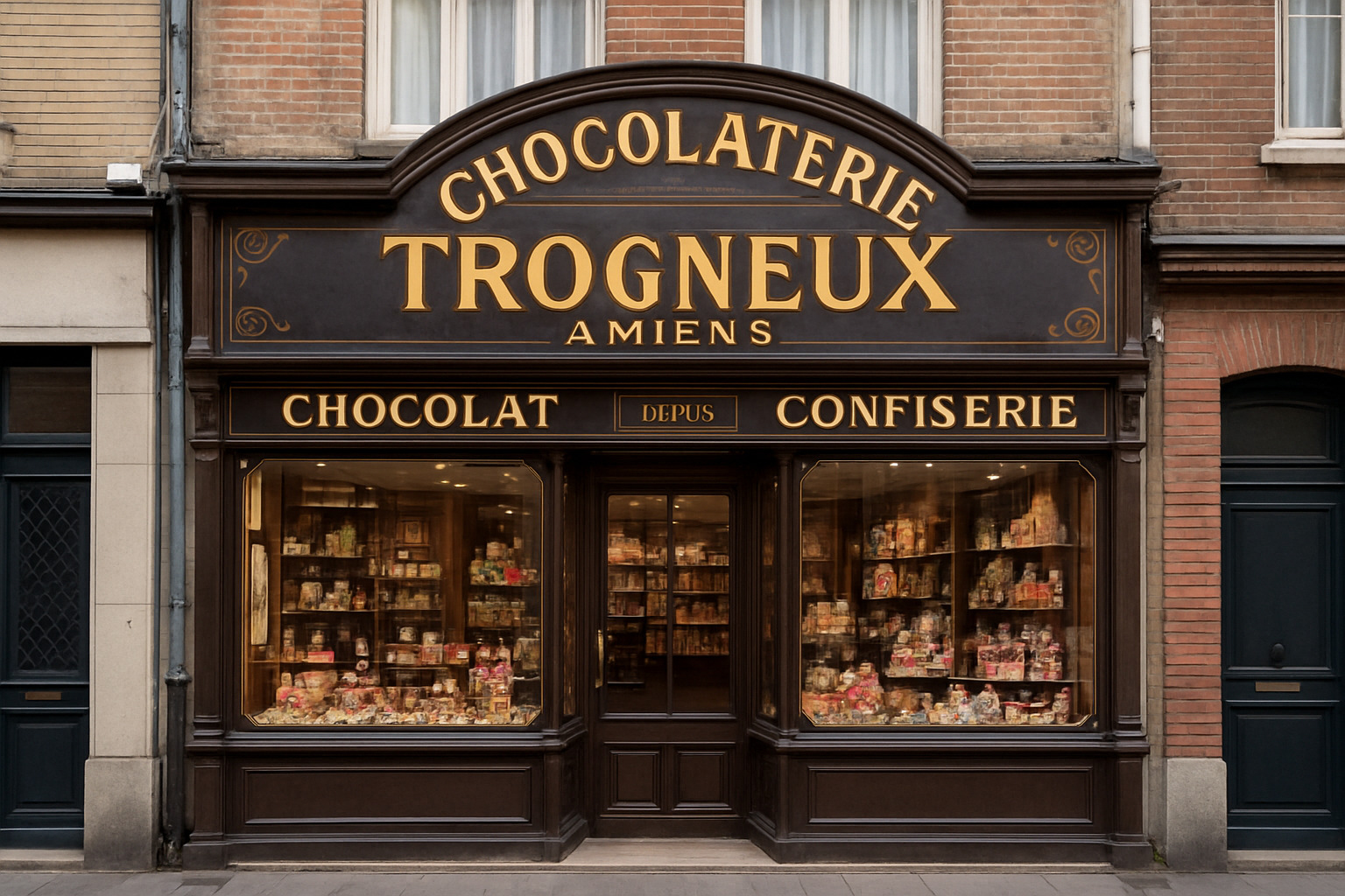 Historic Trogneux chocolaterie storefront in Amiens, France, showing the family business that shaped Brigitte Macron's early years - Brigitte Macron