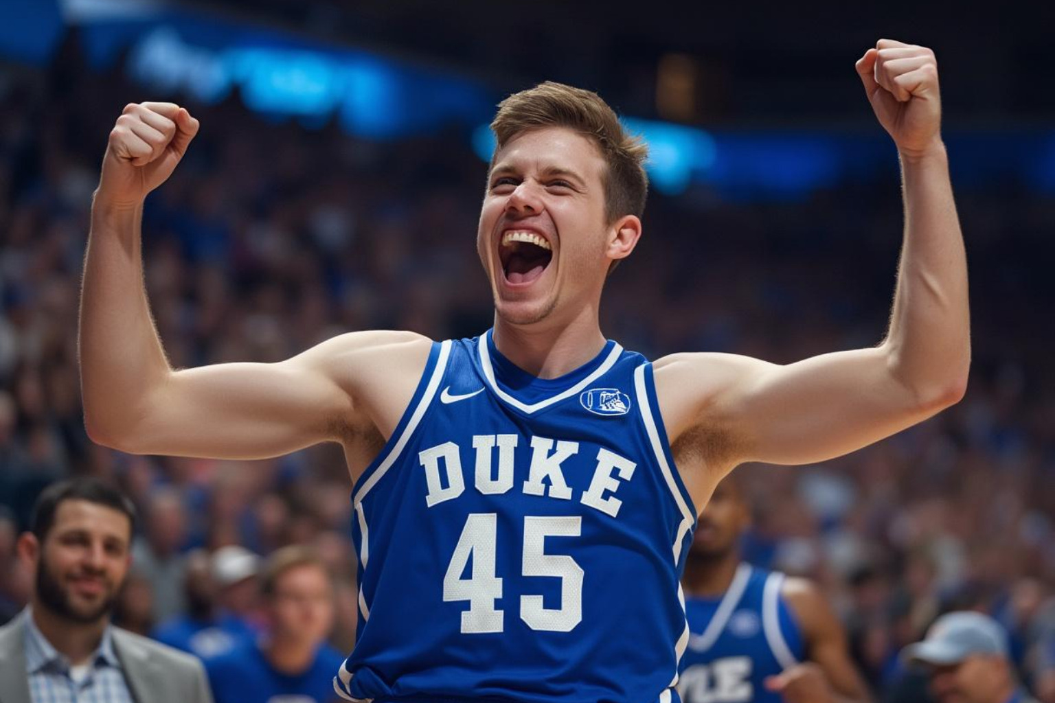 Cooper Flagg celebrating during a Duke basketball game - Cooper Flagg