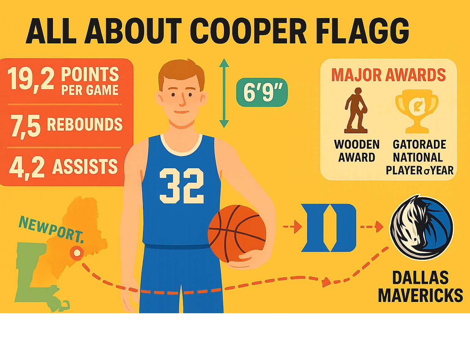 Infographic showing Cooper Flagg's key statistics including 19.2 points per game, 7.5 rebounds, 4.2 assists, his 6'9" height with 7'11" wingspan, major awards like the Wooden Award and Gatorade National Player of the Year, and his path from Newport Maine to Duke University to the Dallas Mavericks - Cooper Flagg infographic 