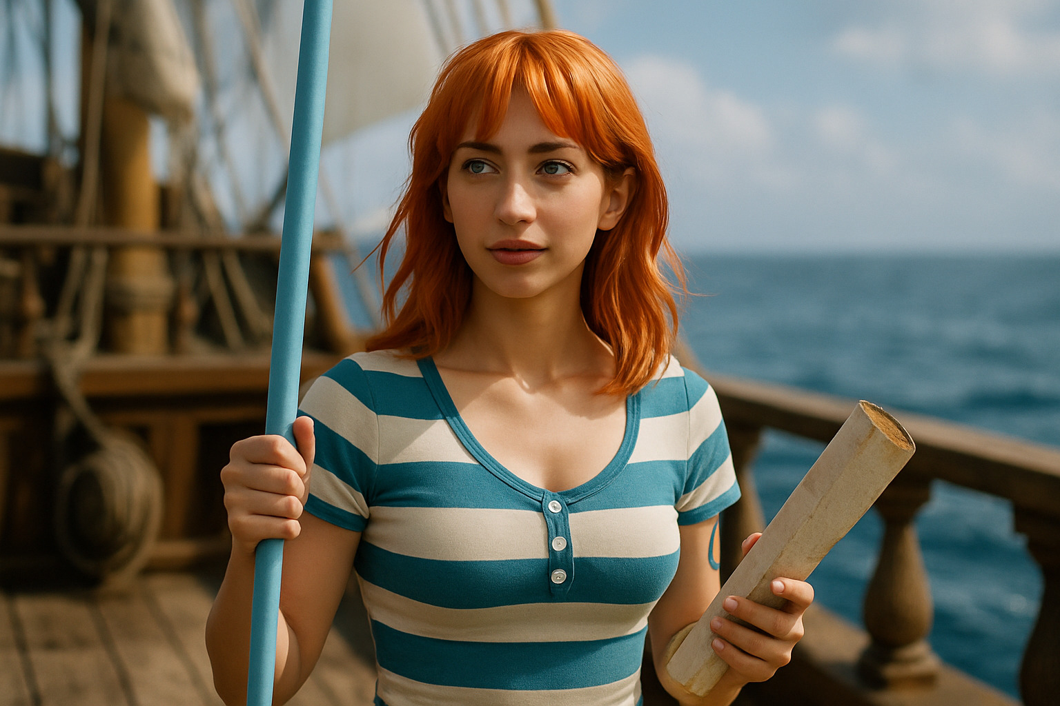 Emily Rudd as Nami in Netflix One Piece live-action adaptation showing her as the Straw Hat Pirates navigator - Emily Rudd