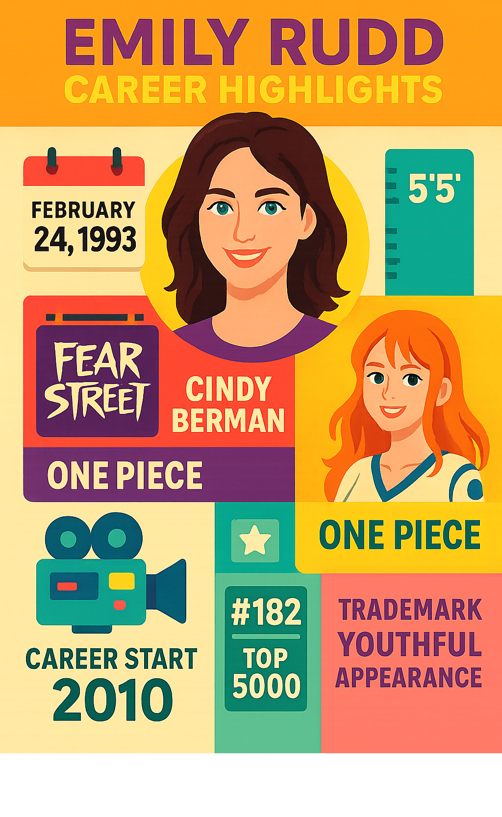 Infographic showing Emily Rudd's career highlights including birth date February 24 1993, height 5 feet 5 inches, breakout role in Fear Street trilogy as Cindy Berman, starring role as Nami in One Piece, career start in 2010 with music videos, IMDb ranking 182 in top 5000, and trademark youthful appearance - Emily Rudd infographic 