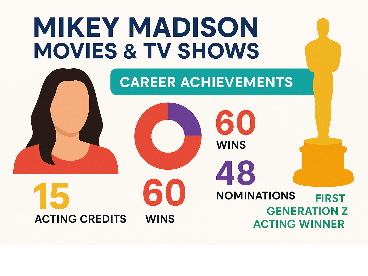 Statistical breakdown of Mikey Madison's career achievements including 15 acting credits, 60 wins and 48 nominations, and her historic Oscar win as the first Generation Z acting winner - Mikey Madison Movies & TV Shows infographic Statistical breakdown of Mikey Madison's career achievements including 15 acting credits, 60 wins and 48 nominations, and her historic Oscar win as the first Generation Z acting winner - Mikey Madison Movies & TV Shows infographic
