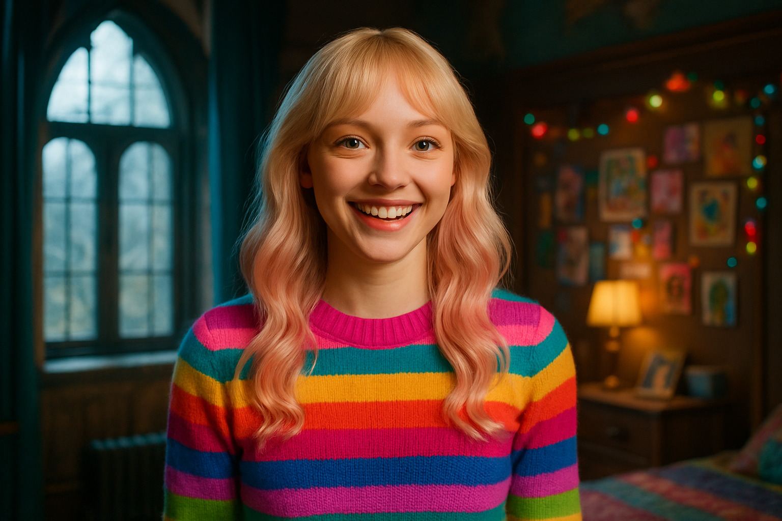Emma Myers as Enid Sinclair wearing a colorful sweater and smiling brightly in a scene from Wednesday - Emma Myers