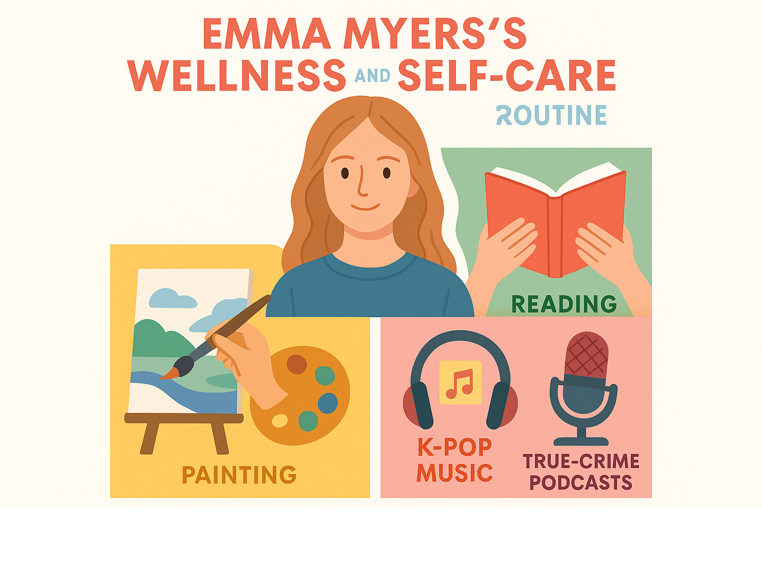 Infographic showing Emma Myers's wellness and self-care routine including painting, reading, K-pop music, and true-crime podcasts - Emma Myers infographic 