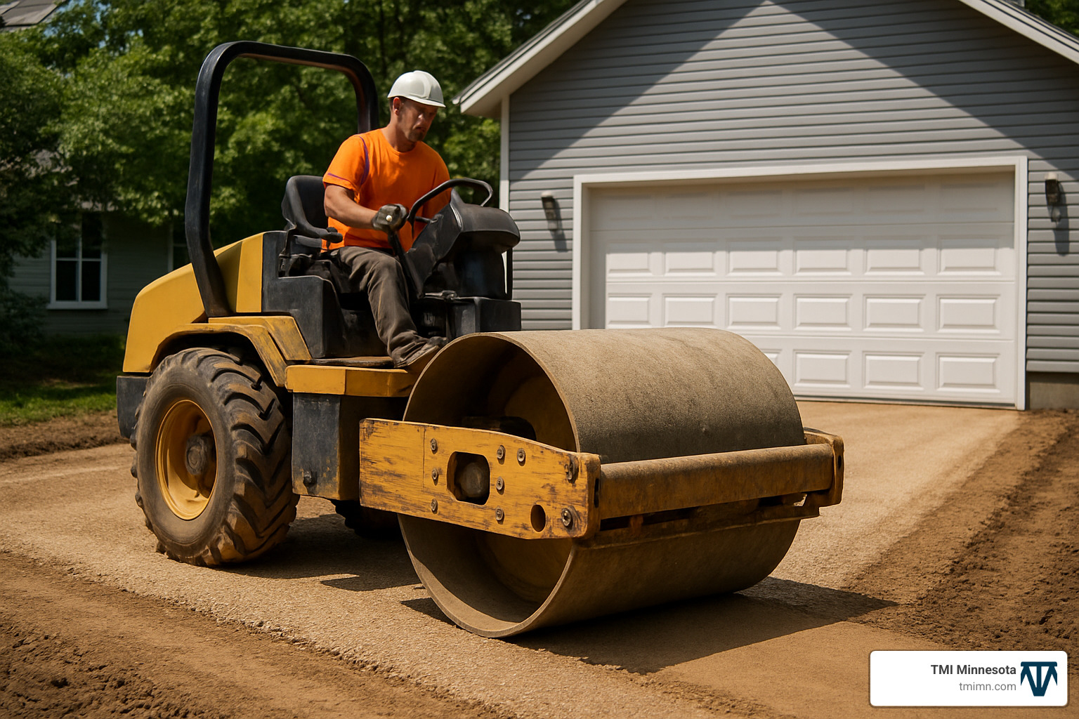 driveway base being professionally graded and compacted with heavy machinery - Driveway paving solutions