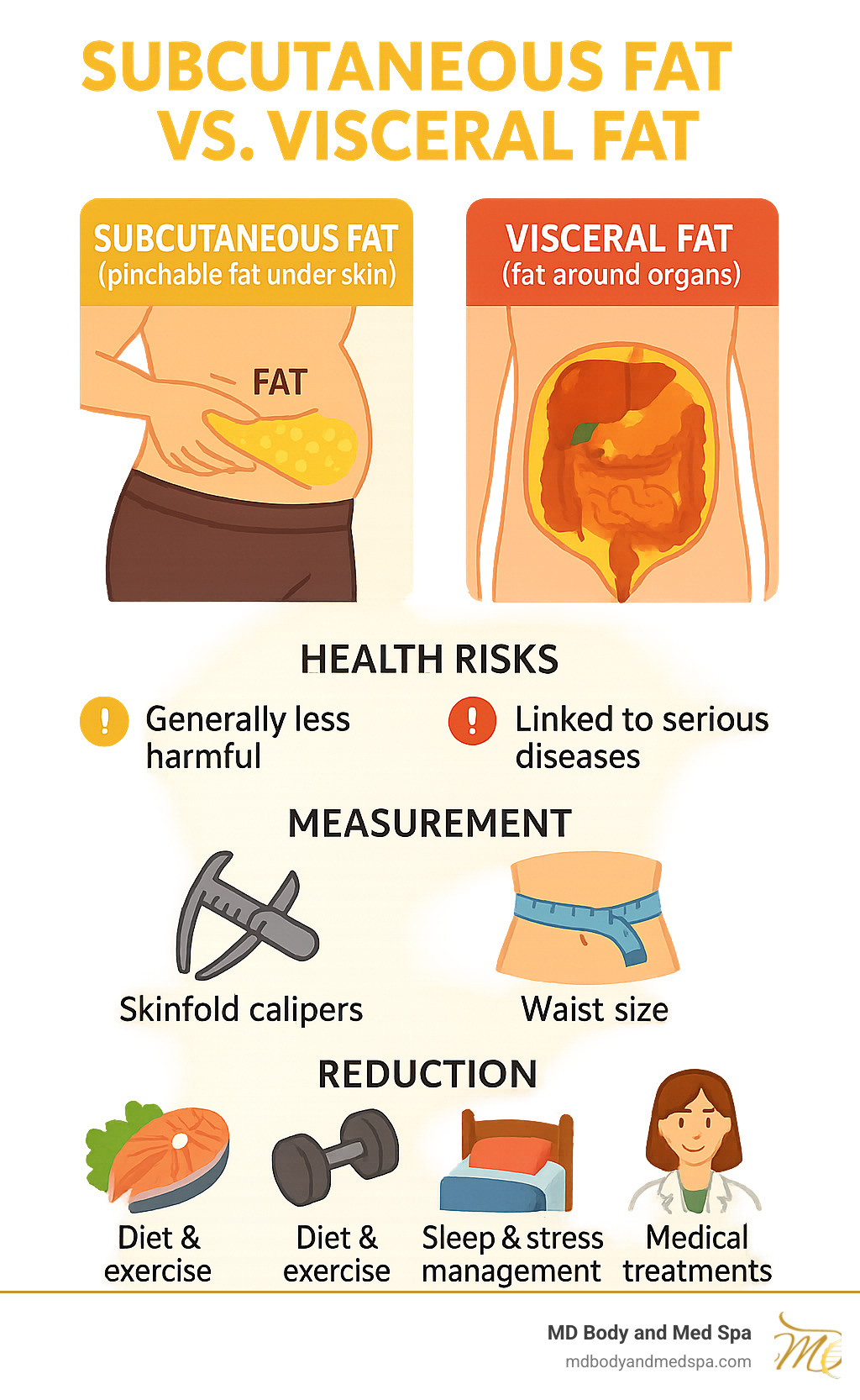 Comprehensive guide showing the difference between subcutaneous fat (pinchable fat under skin) and visceral fat (fat around organs), including health risks, measurement methods, and reduction strategies for each type - how to get rid of subcutaneous fat infographic 