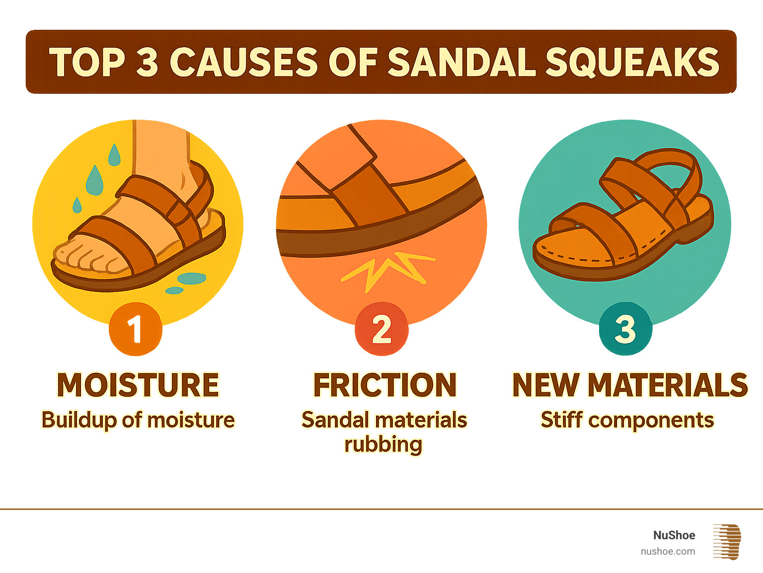 Infographic showing the top 3 causes of sandal squeaks: moisture buildup creating suction between foot and footbed, friction between sandal materials like leather straps and rubber soles, and new materials that need break-in time with stiff components - stop sandals from squeaking infographic 