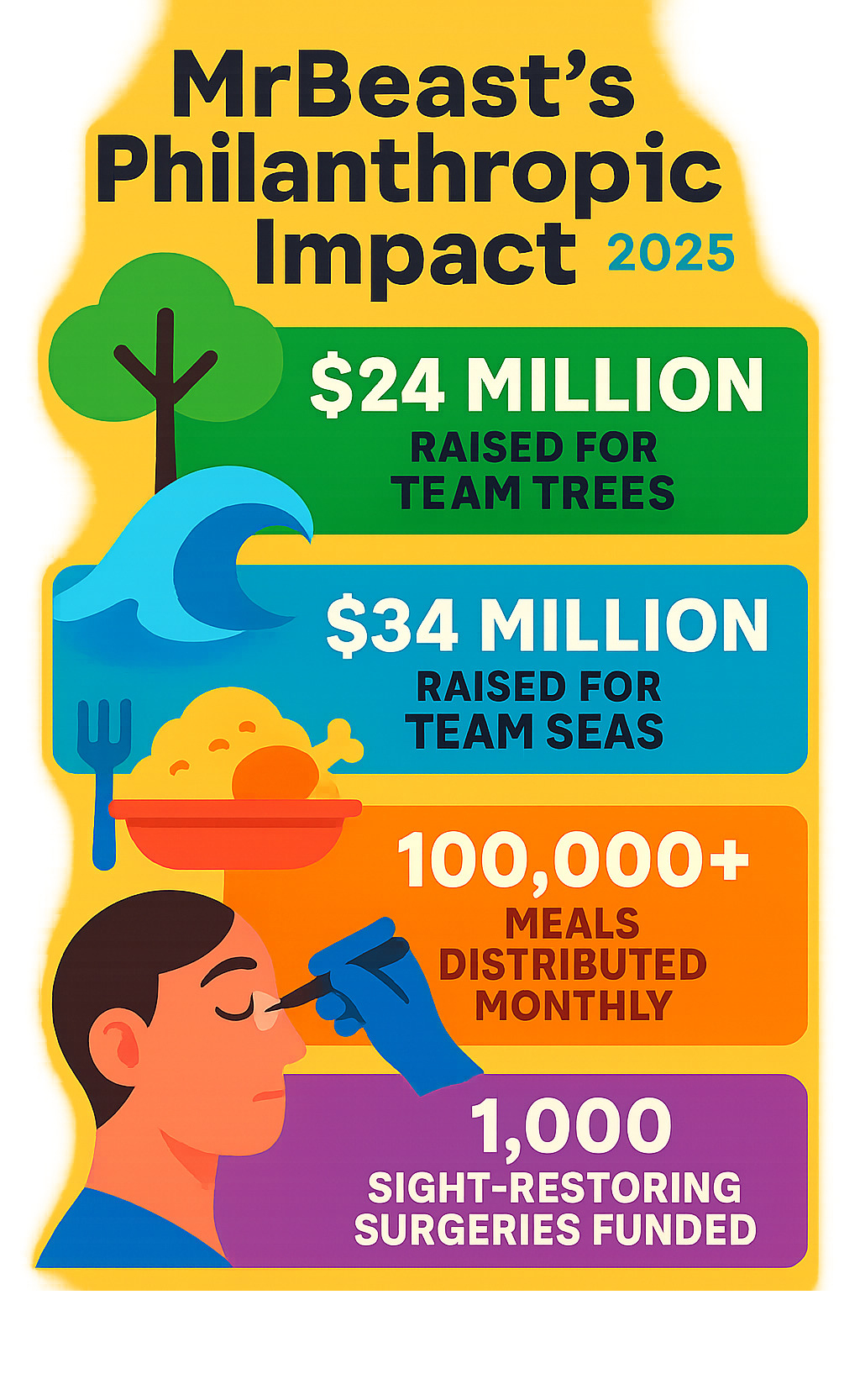 Statistical breakdown showing MrBeast's philanthropic impact including $24 million raised for Team Trees, $34 million for Team Seas, 100,000+ meals distributed monthly, and 1,000 sight-restoring surgeries funded - mrbeast net worth infographic 
