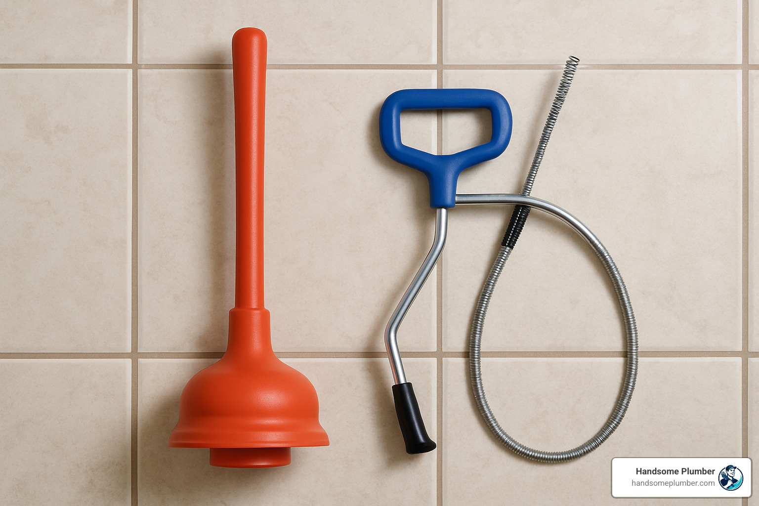 Essential toilet unclogging tools: a flange plunger and a toilet auger - blocked toilet bowl