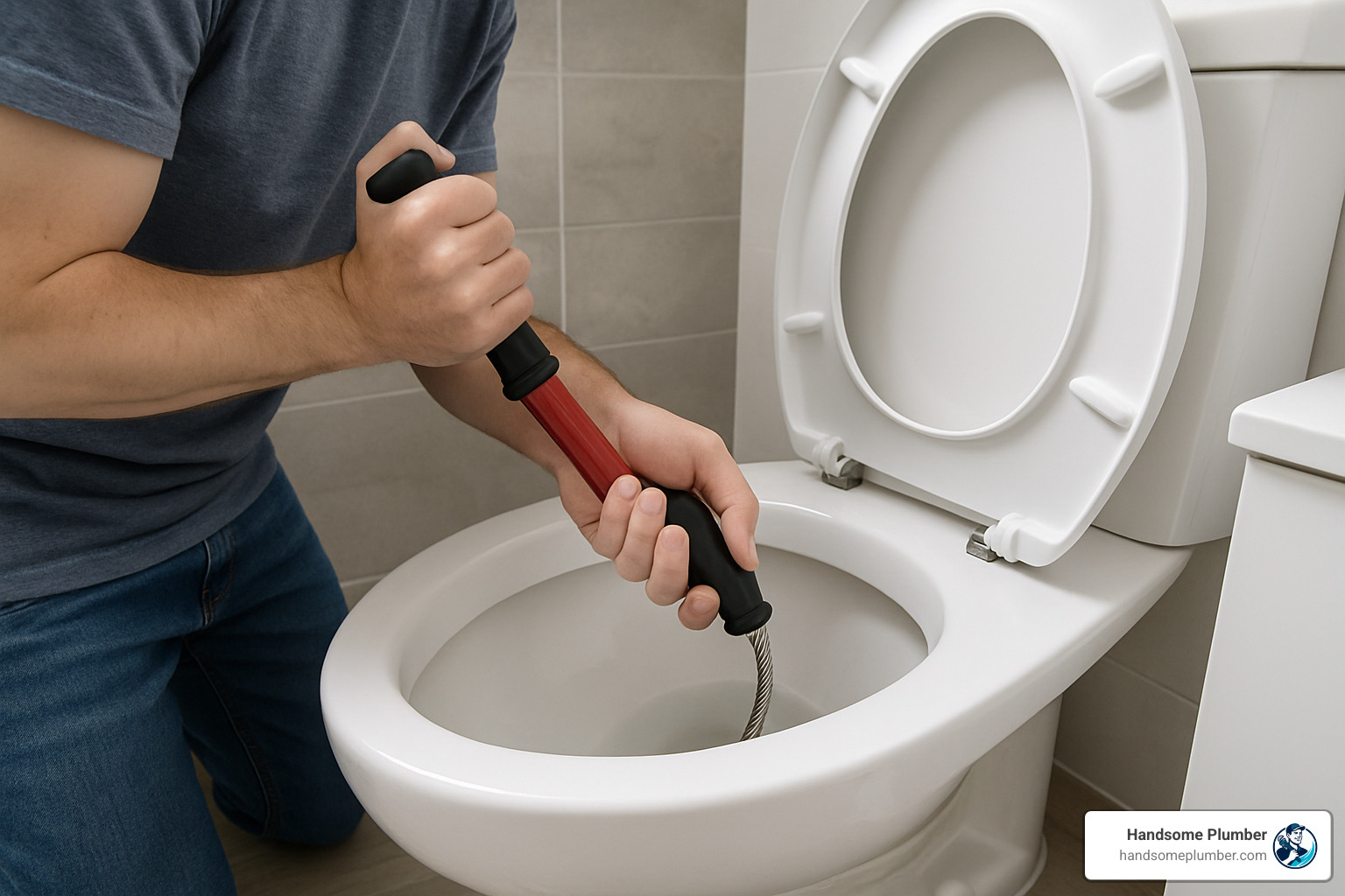 Toilet auger being used correctly - blocked toilet bowl