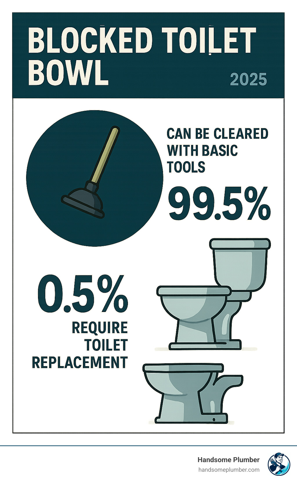 Statistics showing that 99.5% of toilet clogs can be cleared with basic tools, while only 0.5% require toilet replacement - blocked toilet bowl infographic 