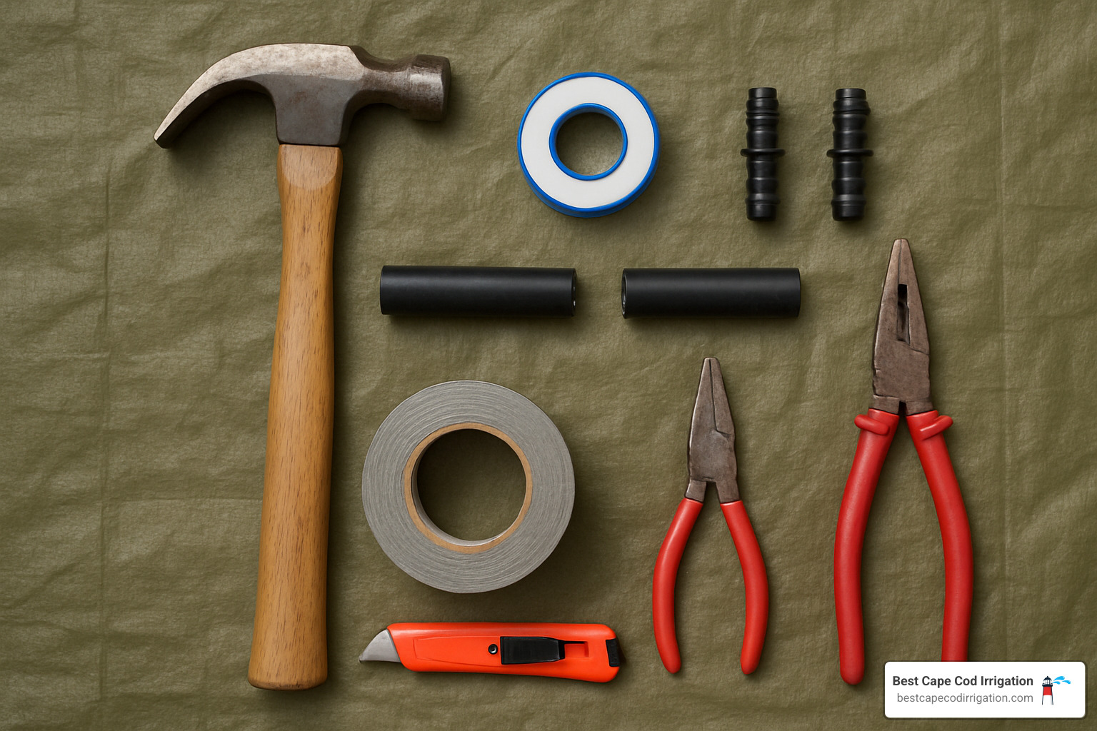 Tools and materials for underground sprinkler hose repair laid out on a tarp - repair underground sprinkler hose