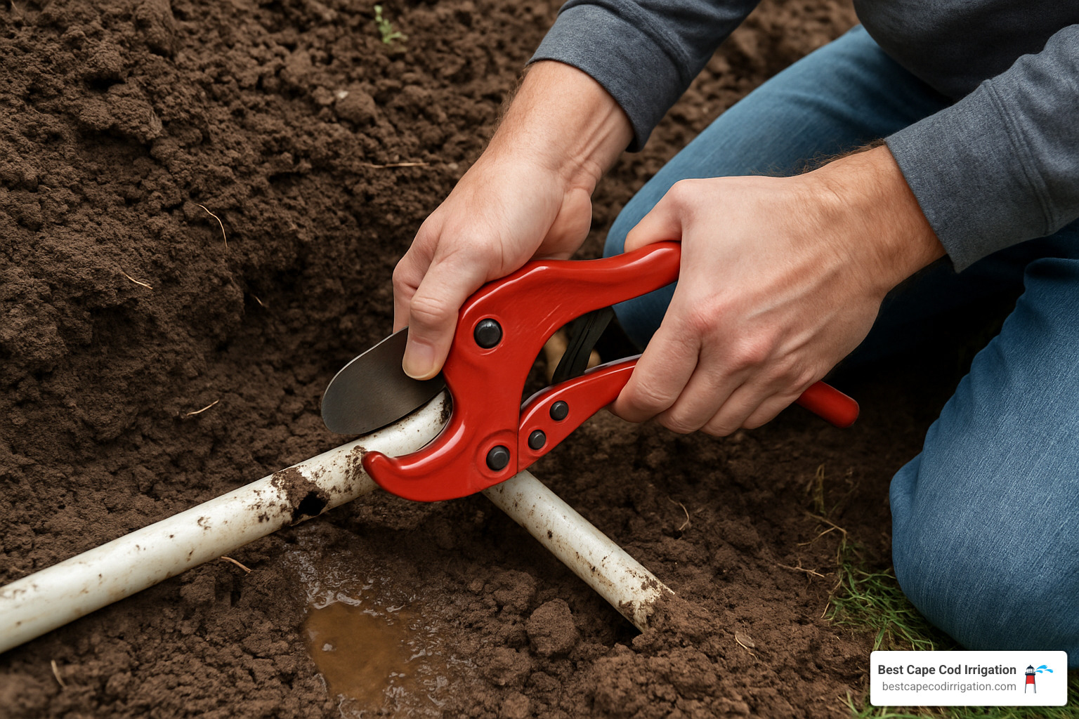Person carefully cutting a damaged section of underground sprinkler pipe with a PVC cutter - repair underground sprinkler hose