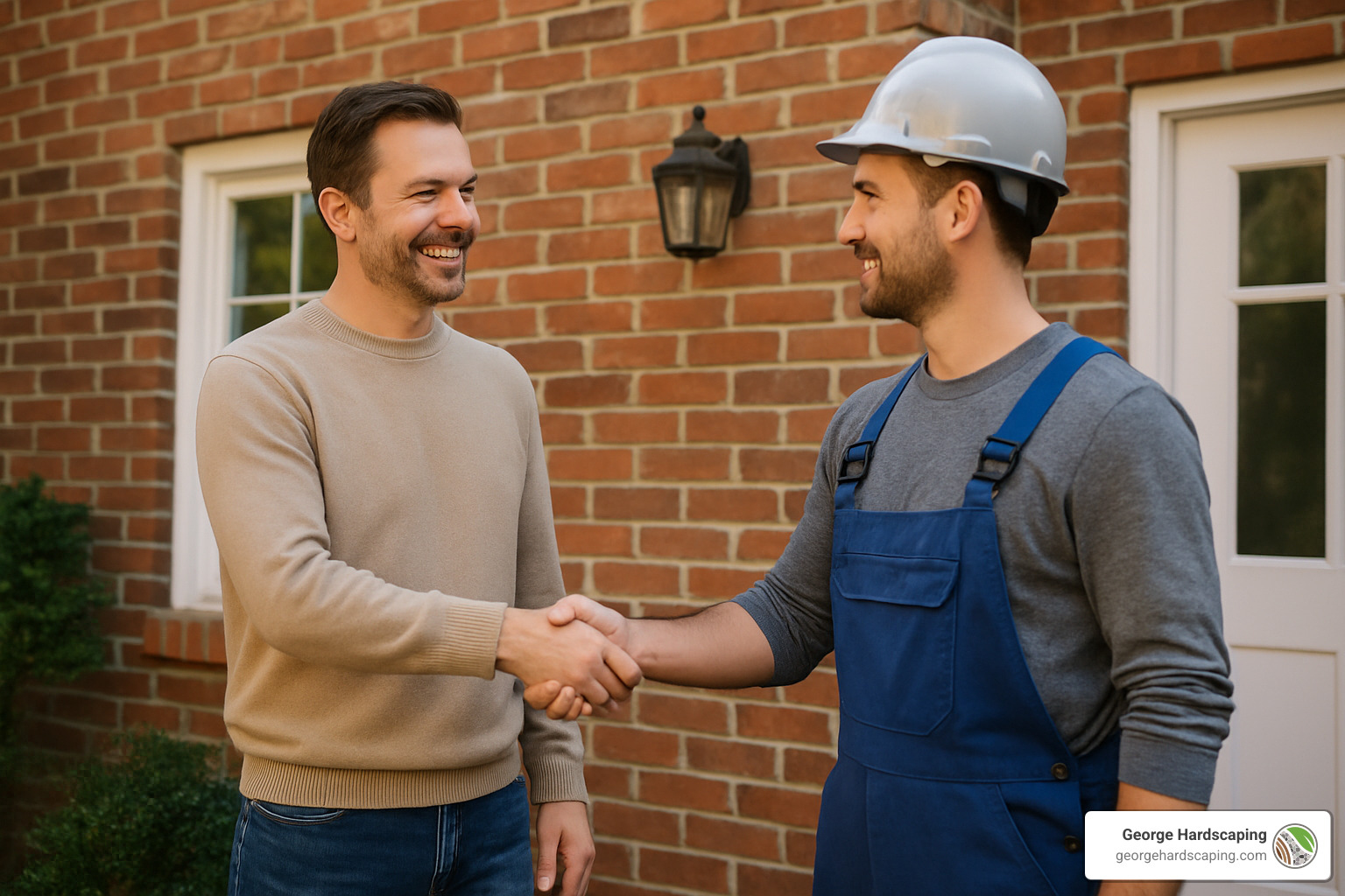 A satisfied homeowner shakes hands with a professional masonry contractor - Masonry Contractor Essex County