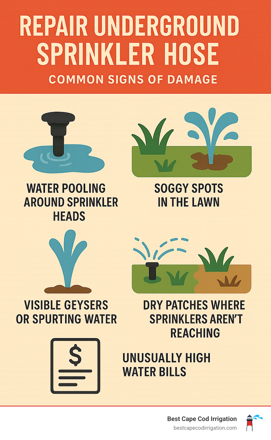 Infographic showing common signs of underground sprinkler hose damage including water pooling around sprinkler heads, soggy spots in the lawn, visible geysers or spurting water, dry patches where sprinklers aren't reaching, and unusually high water bills, with icons and brief descriptions for each symptom - repair underground sprinkler hose infographic 
