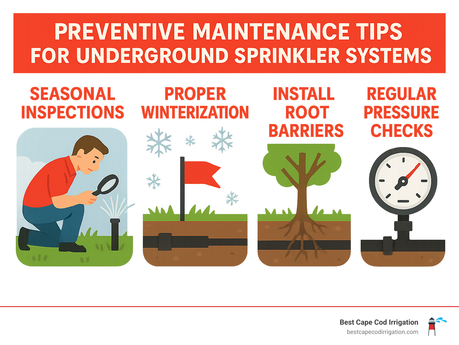 Infographic showing preventive maintenance tips for underground sprinkler systems including seasonal inspections, proper winterization, marking sprinkler lines, installing root barriers, and regular pressure checks - repair underground sprinkler hose infographic 