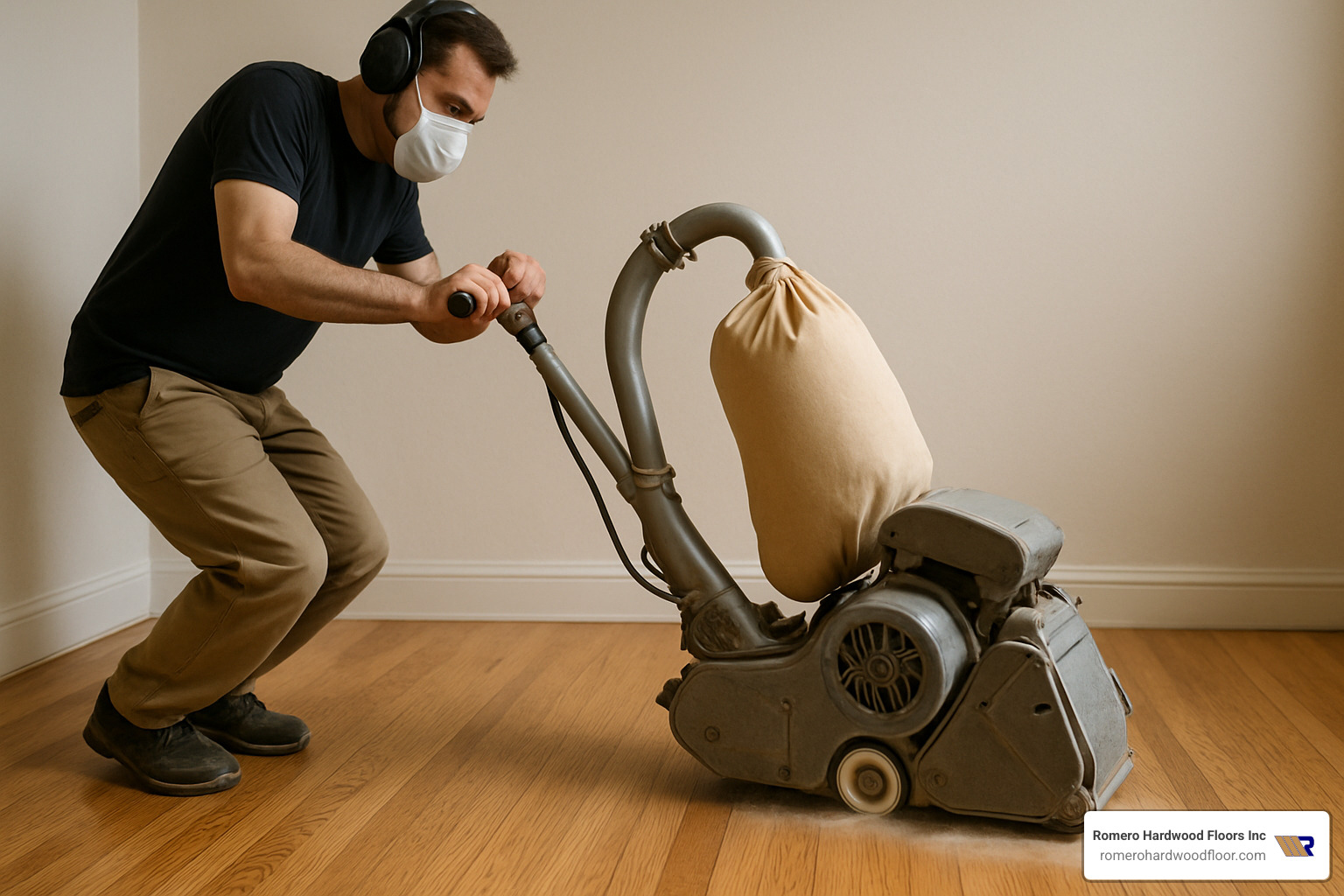 person carefully operating a drum sander along the grain of hardwood flooring - refinishing original hardwood floors