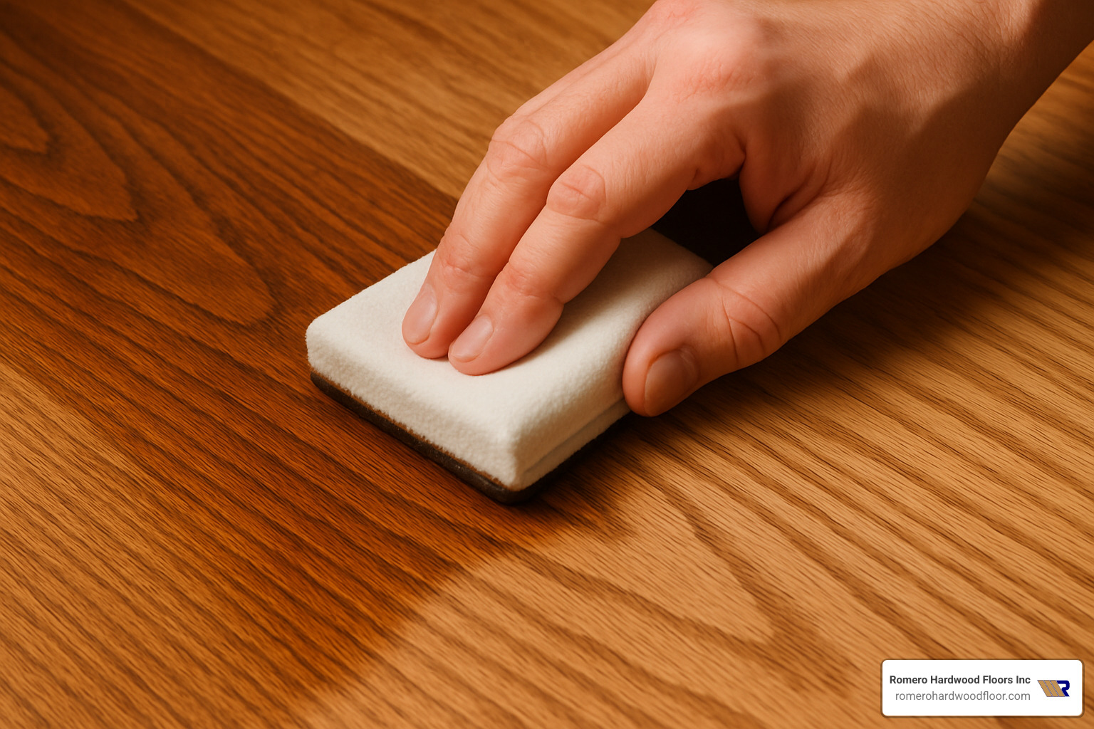 hand applying wood stain evenly with an applicator pad following the wood grain - refinishing original hardwood floors