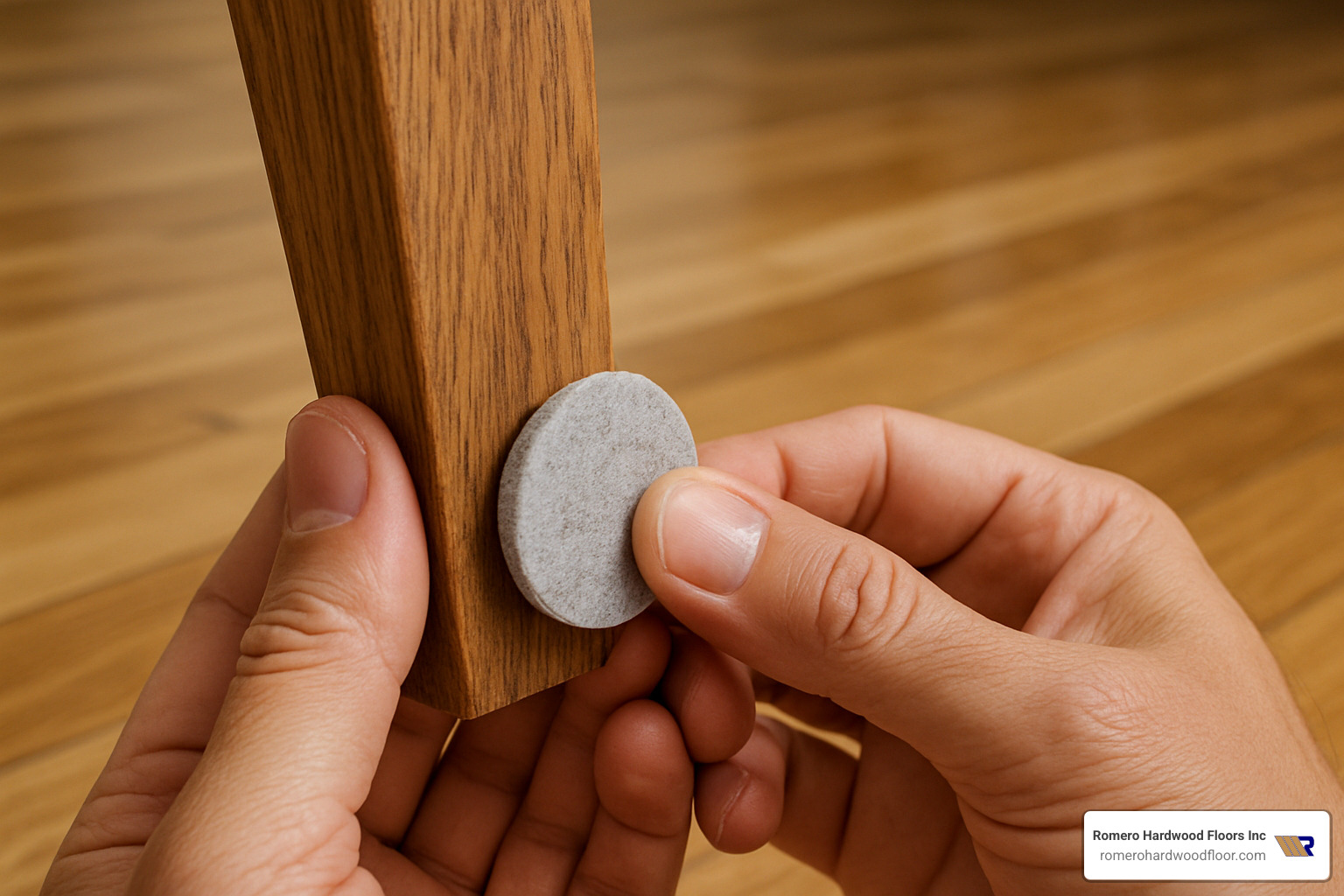 felt pads being carefully applied to the bottom of a wooden chair leg - refinishing original hardwood floors