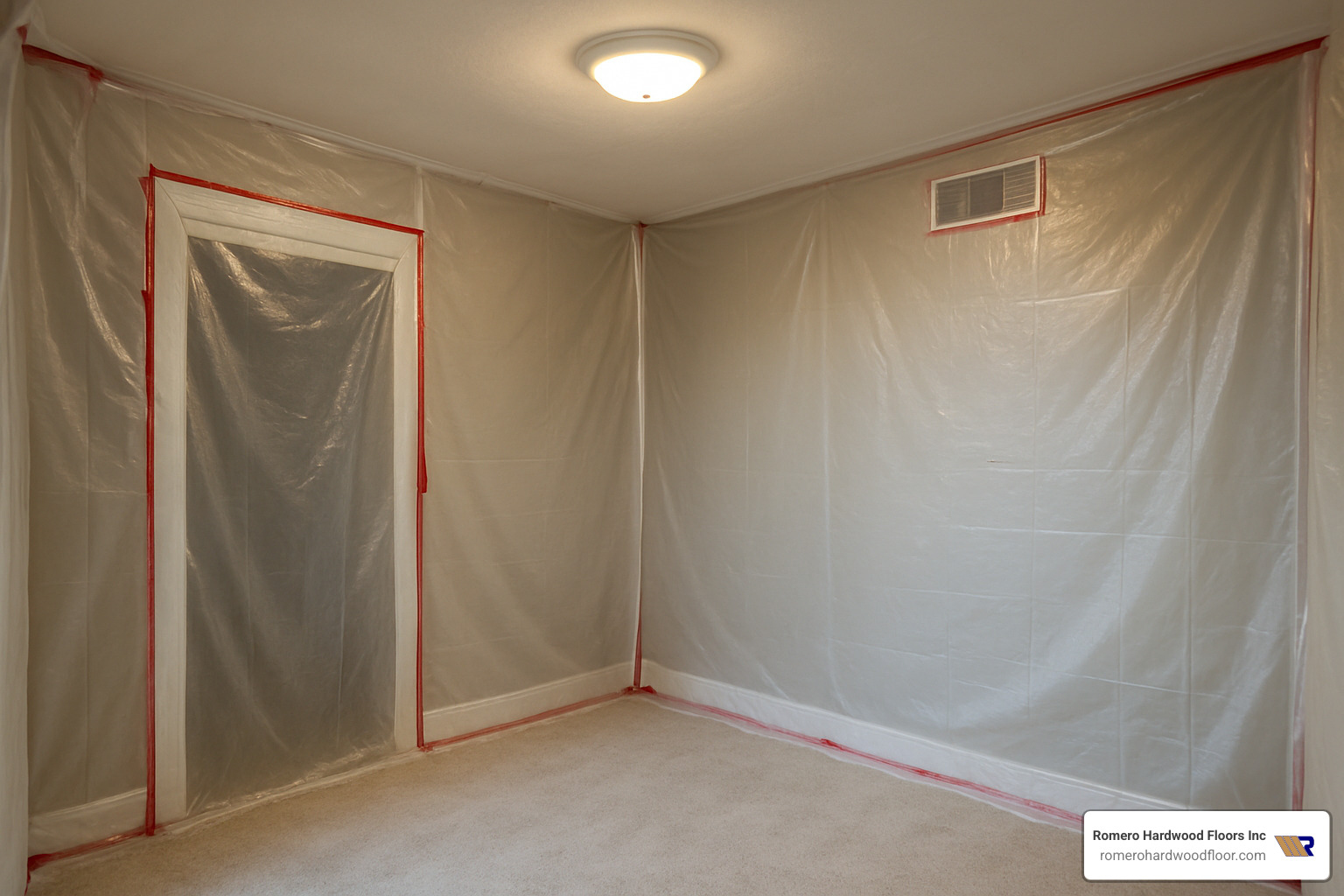 room fully prepped for sanding with plastic sheeting covering doorways and air vents sealed - refinishing original hardwood floors