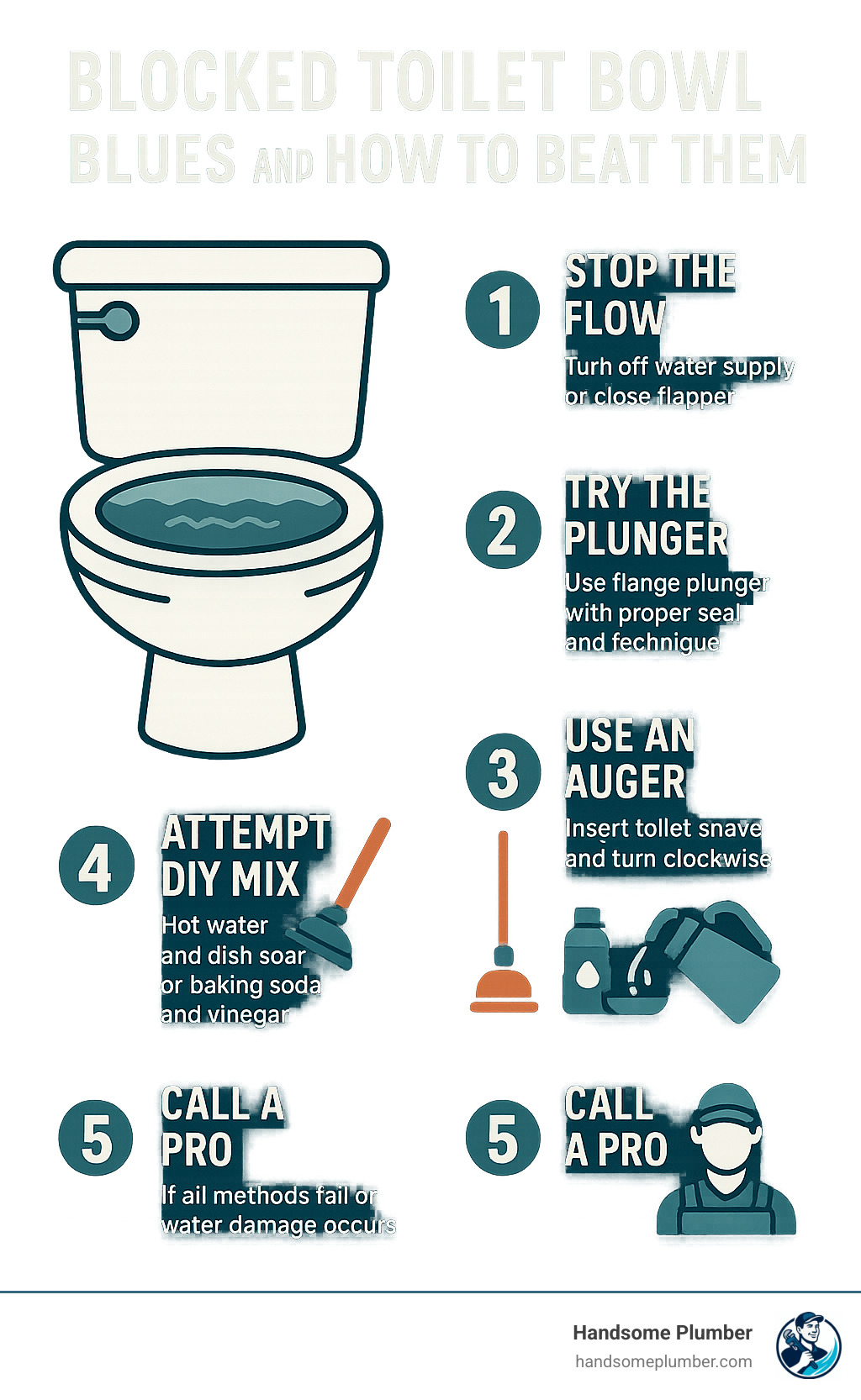 Infographic showing the 5-step process for clearing a blocked toilet bowl: Step 1 - Stop the Flow by turning off water supply or closing flapper, Step 2 - Try the Plunger using a flange plunger with proper seal and technique, Step 3 - Use an Auger by inserting toilet snake and turning clockwise, Step 4 - Attempt DIY Mix with hot water and dish soap or baking soda and vinegar, Step 5 - Call a Pro if all methods fail or water damage occurs - blocked toilet bowl infographic 