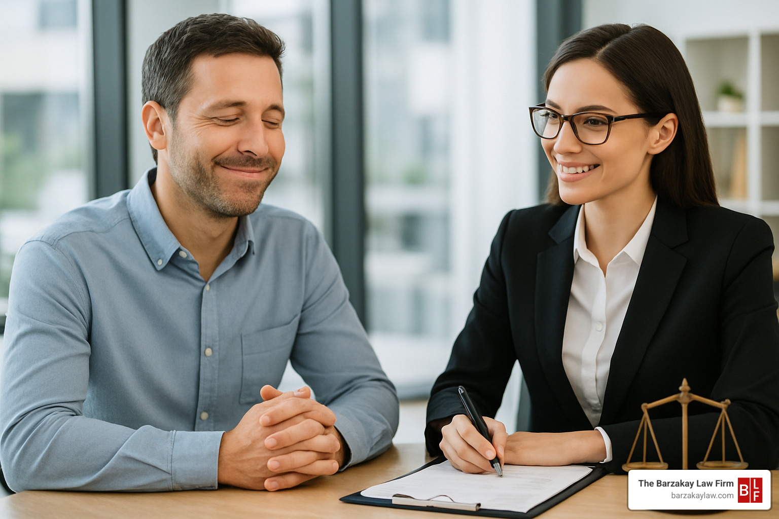 Person looking relieved while talking with a legal professional in an office setting - florida motorcycle accident lawyer