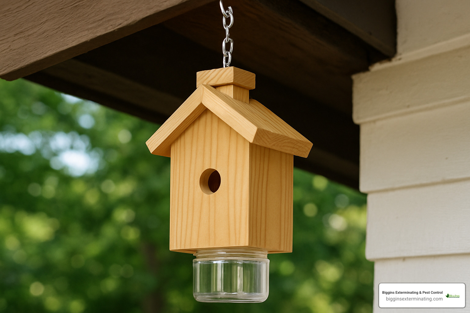 Wooden carpenter bee trap hanging from roof eave - best deterrent for carpenter bees