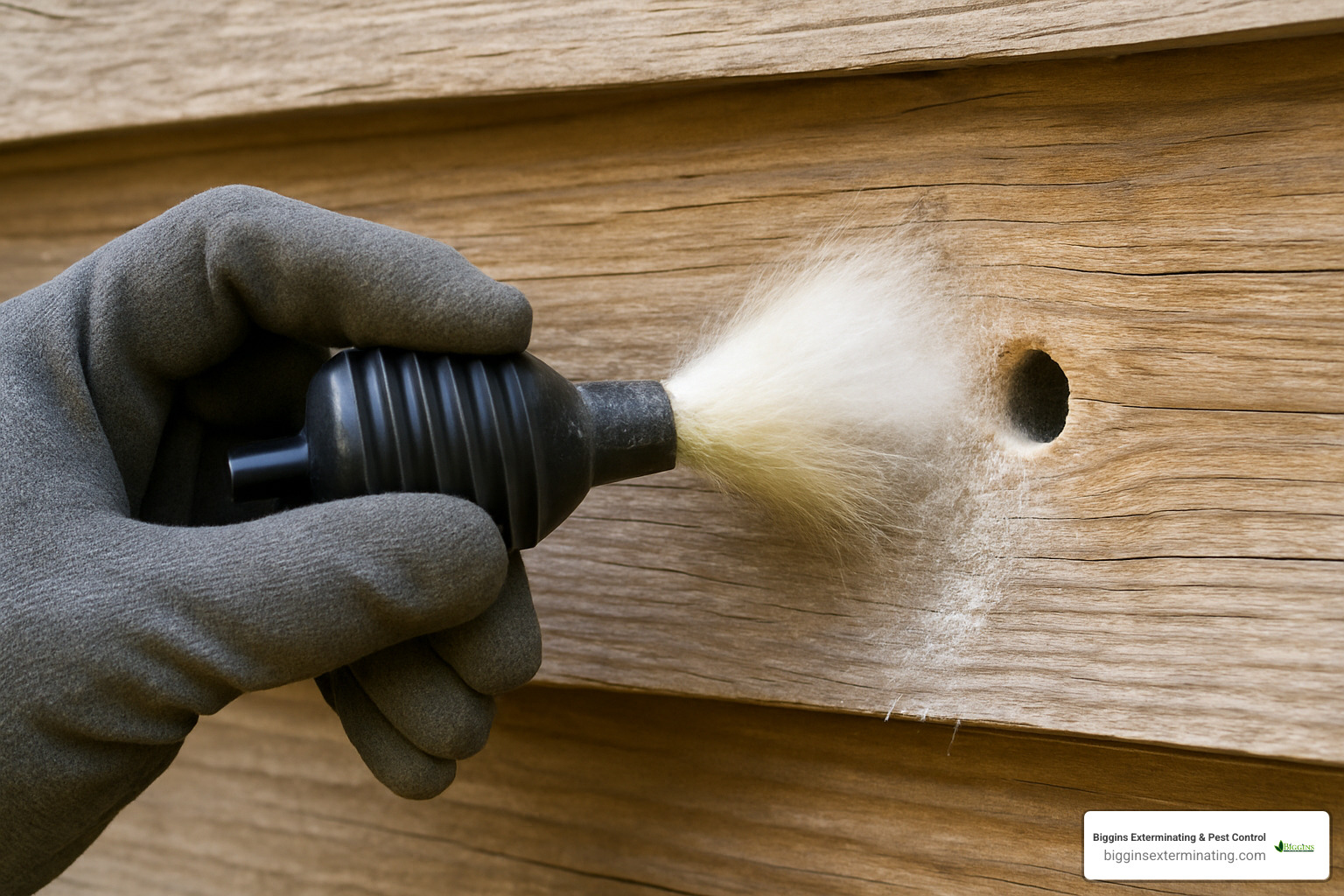 Person in gloves applying dust into carpenter bee hole - best deterrent for carpenter bees