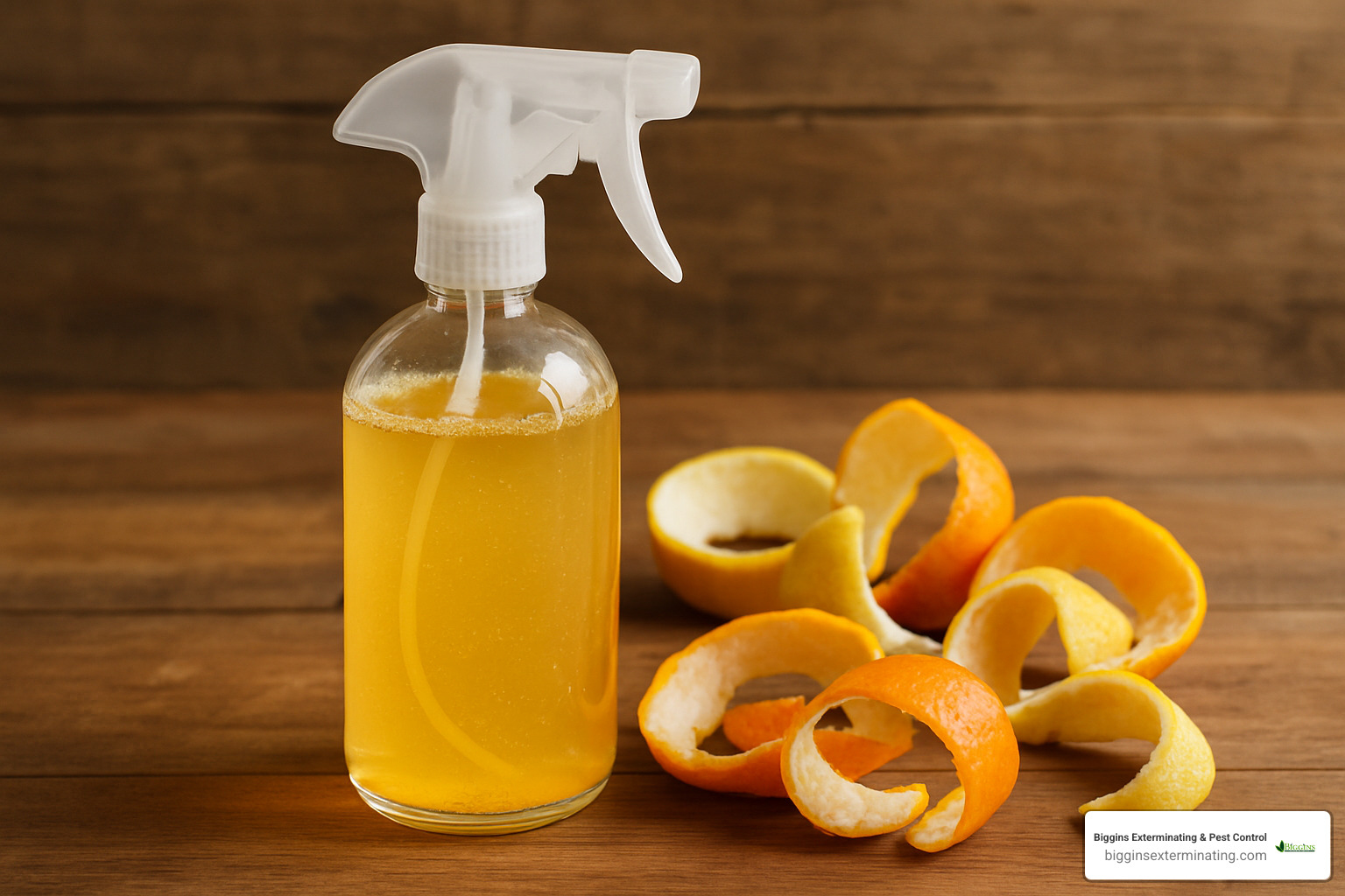 Homemade citrus spray in bottle next to citrus peels - best deterrent for carpenter bees