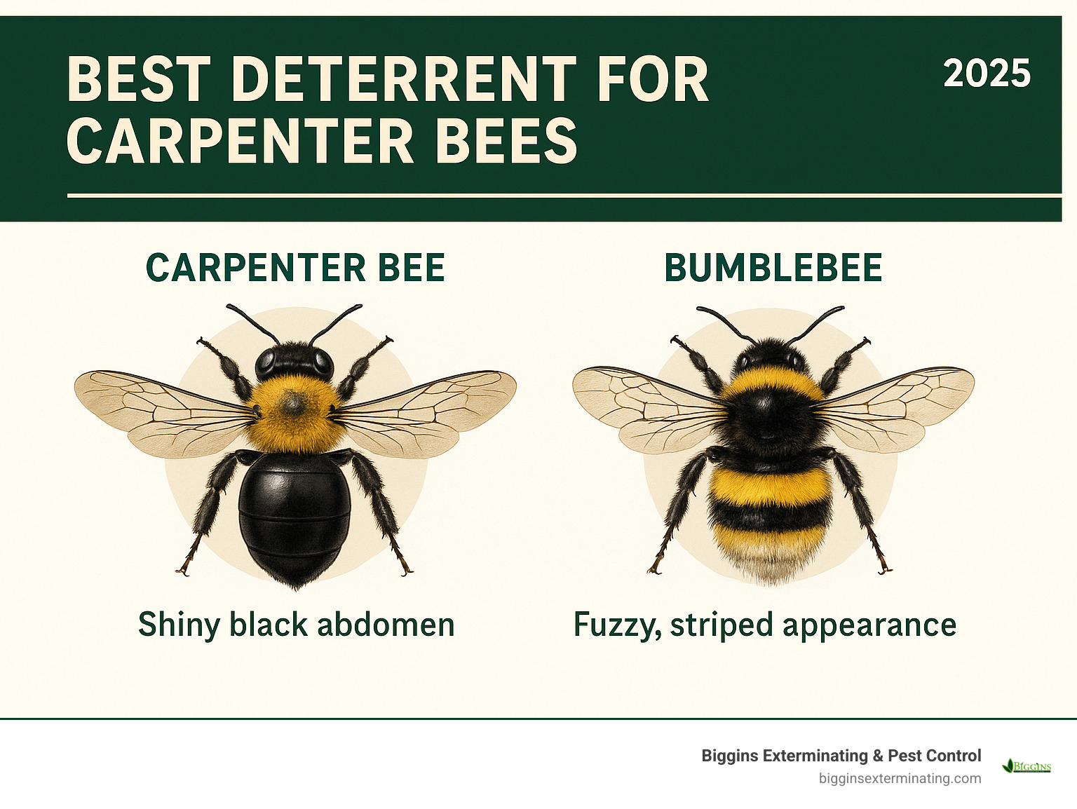 Visual differences between carpenter bee and bumblebee showing carpenter bee's shiny black abdomen versus bumblebee's fuzzy, striped appearance - best deterrent for carpenter bees infographic 