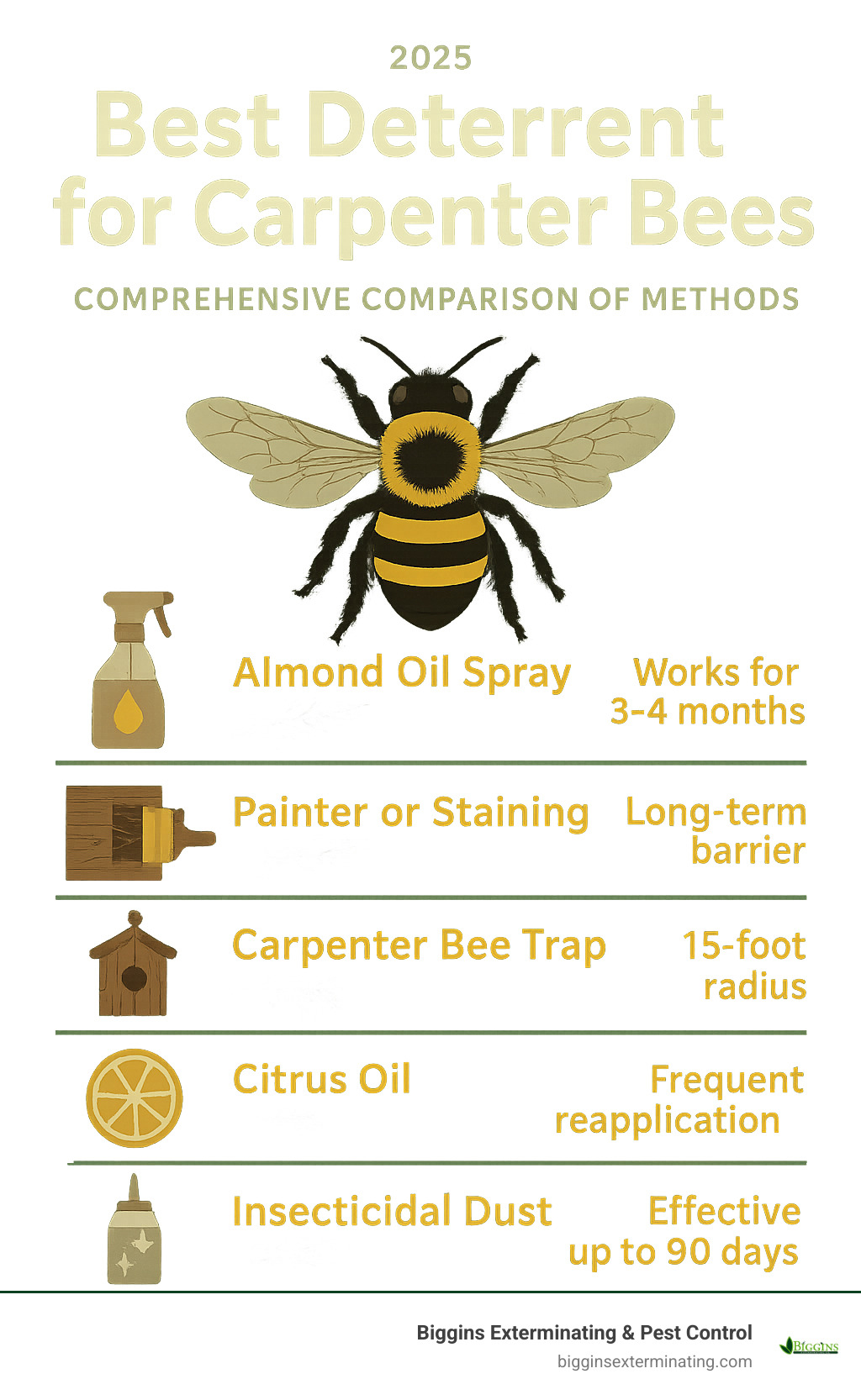 Comprehensive carpenter bee deterrent methods comparison showing natural repellents like almond oil spray lasting 3-4 months, carpenter bee traps with 15-foot radius effectiveness, painting/staining as long-term barriers, citrus oil requiring frequent reapplication, and insecticidal dust for severe infestations lasting 90 days - best deterrent for carpenter bees infographic 