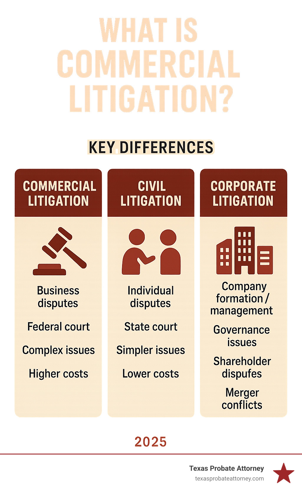Infographic showing the key differences between commercial litigation (business disputes, federal court, complex issues, higher costs), civil litigation (individual disputes, state court, simpler issues, lower costs), and corporate litigation (company formation/management, governance issues, shareholder disputes, merger conflicts) - What is commercial litigation infographic 