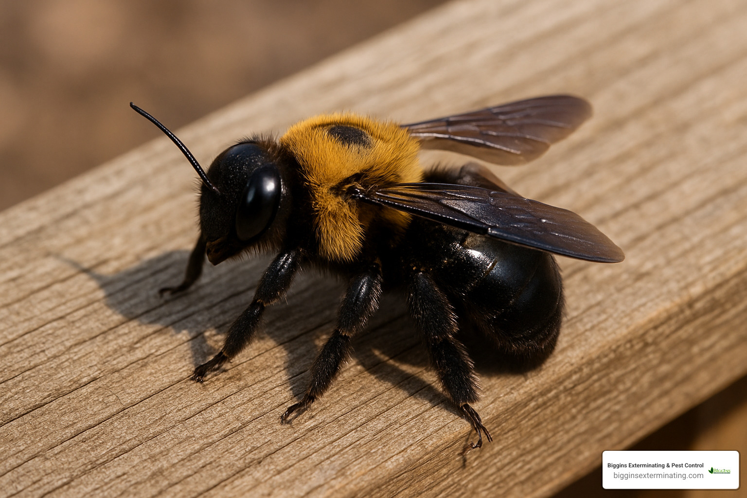 Large carpenter bee on wooden deck rail - best deterrent for carpenter bees