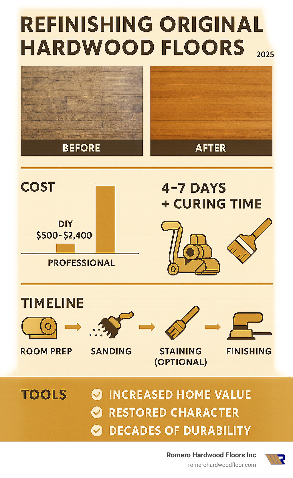 Comprehensive infographic showing the complete refinishing process from worn, scratched original hardwood floors to beautifully restored surfaces, including before/after photos, cost breakdown comparing DIY vs professional services, timeline showing 4-7 days work plus curing time, essential tools like drum sander and edger, and key benefits including increased home value, restored character, and decades of renewed durability - refinishing original hardwood floors infographic 