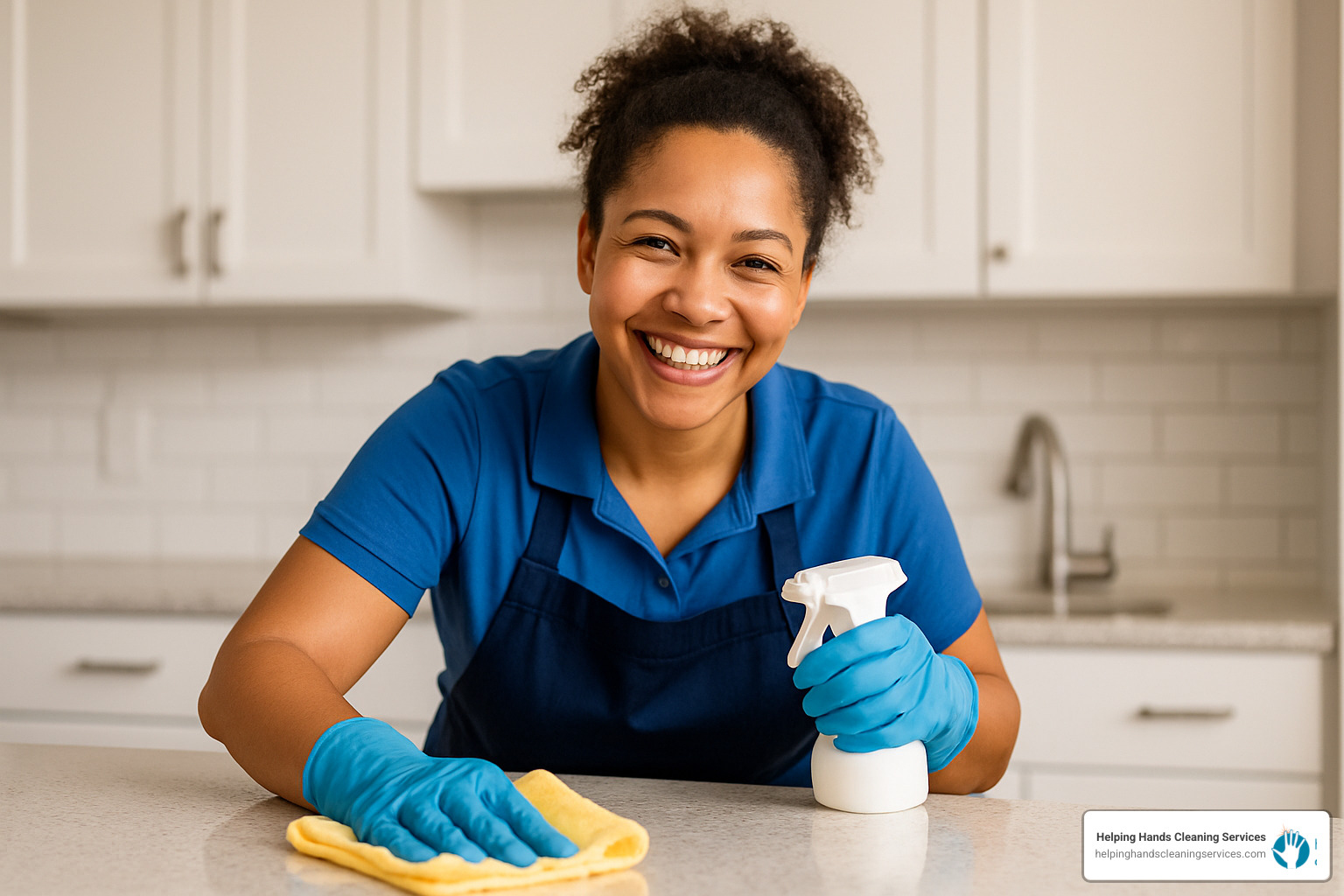 Friendly cleaning professional smiling while wiping counter - home cleaning services oak park il
