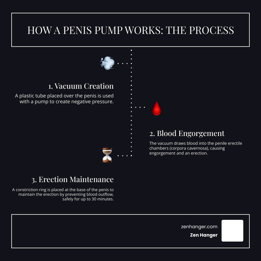 Detailed infographic showing the step-by-step process of how a penis pump creates negative pressure, draws blood into the penile chambers, and maintains erection through constriction ring placement, with anatomical cross-section and pressure flow indicators - penis pump how it works infographic infographic-line-3-steps-dark