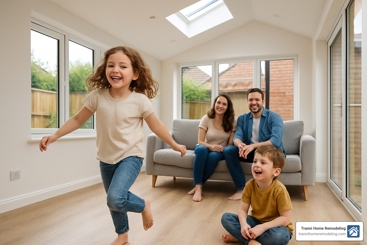Happy family enjoying their new, spacious home addition - home addition contractors Happy family enjoying their new, spacious home addition - home addition contractors
