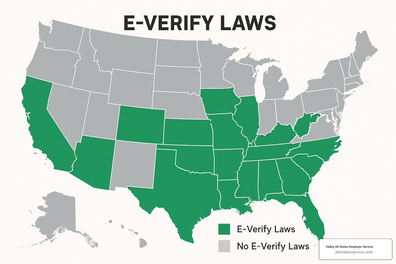U.S. map highlighting states with E-Verify laws - e-verify employer requirements