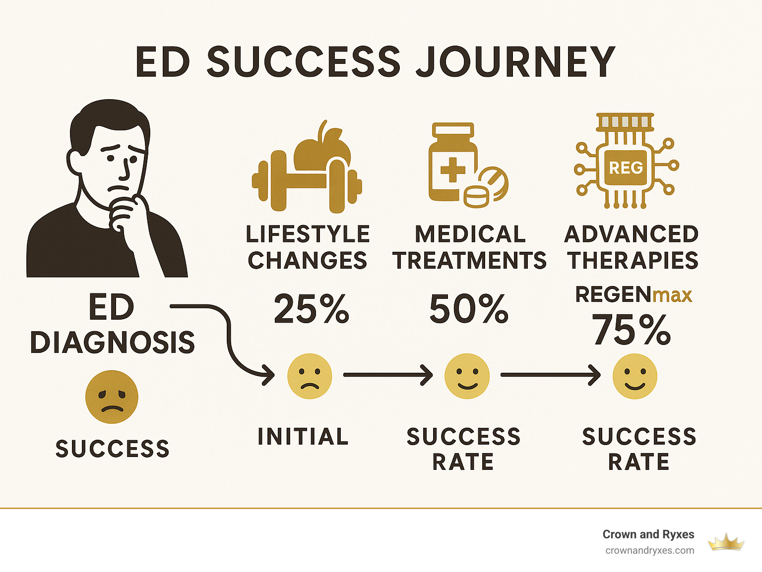 Detailed infographic showing the journey from ED diagnosis through various treatment options including lifestyle changes, medical treatments, and advanced therapies like REGENmax, with success rates and emotional impact at each stage - erectile dysfunction success stories infographic 