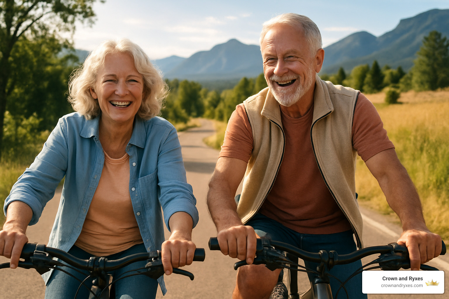 happy active older couple enjoying outdoor activity like hiking or cycling - erectile dysfunction success stories