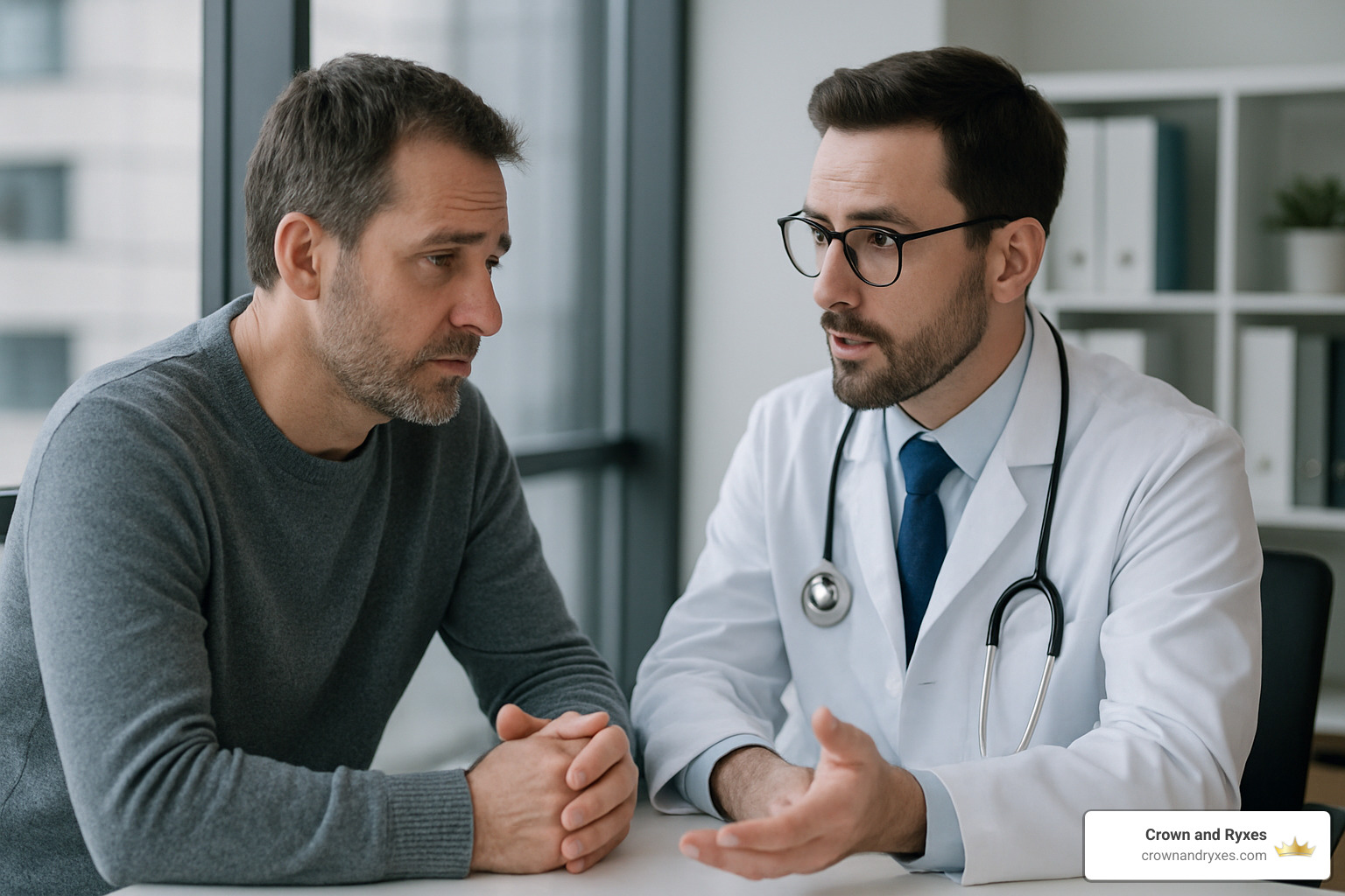 man talking consultatively with male doctor in modern office - erectile dysfunction success stories